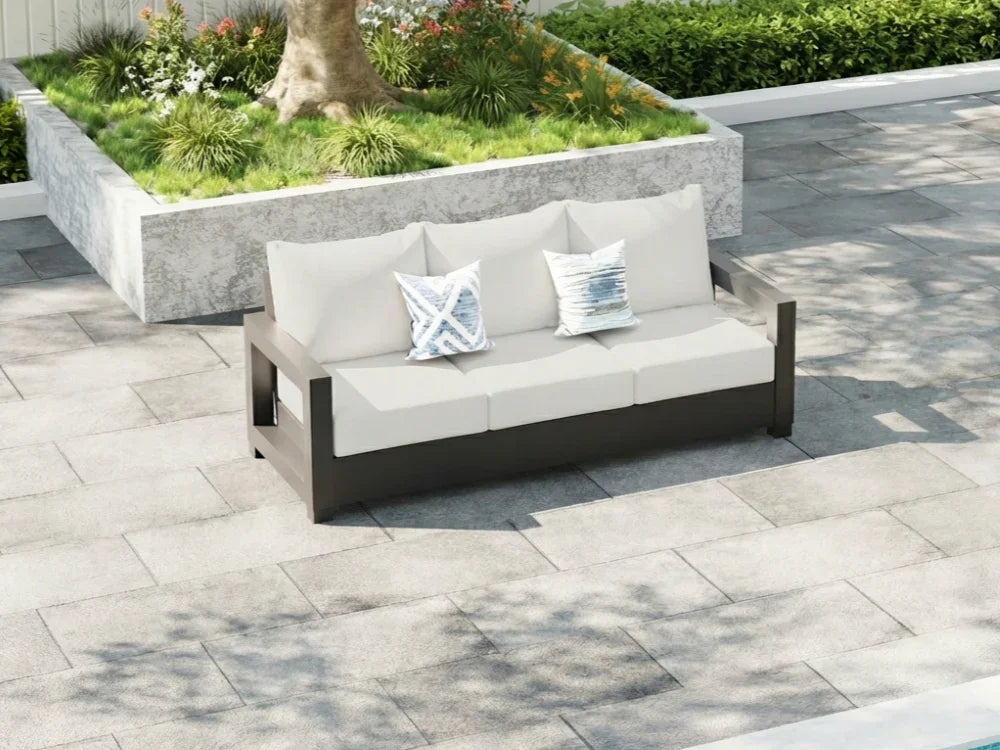 Aluminum Black Outdoor 3 seats Sofa, Olefin White Cushions