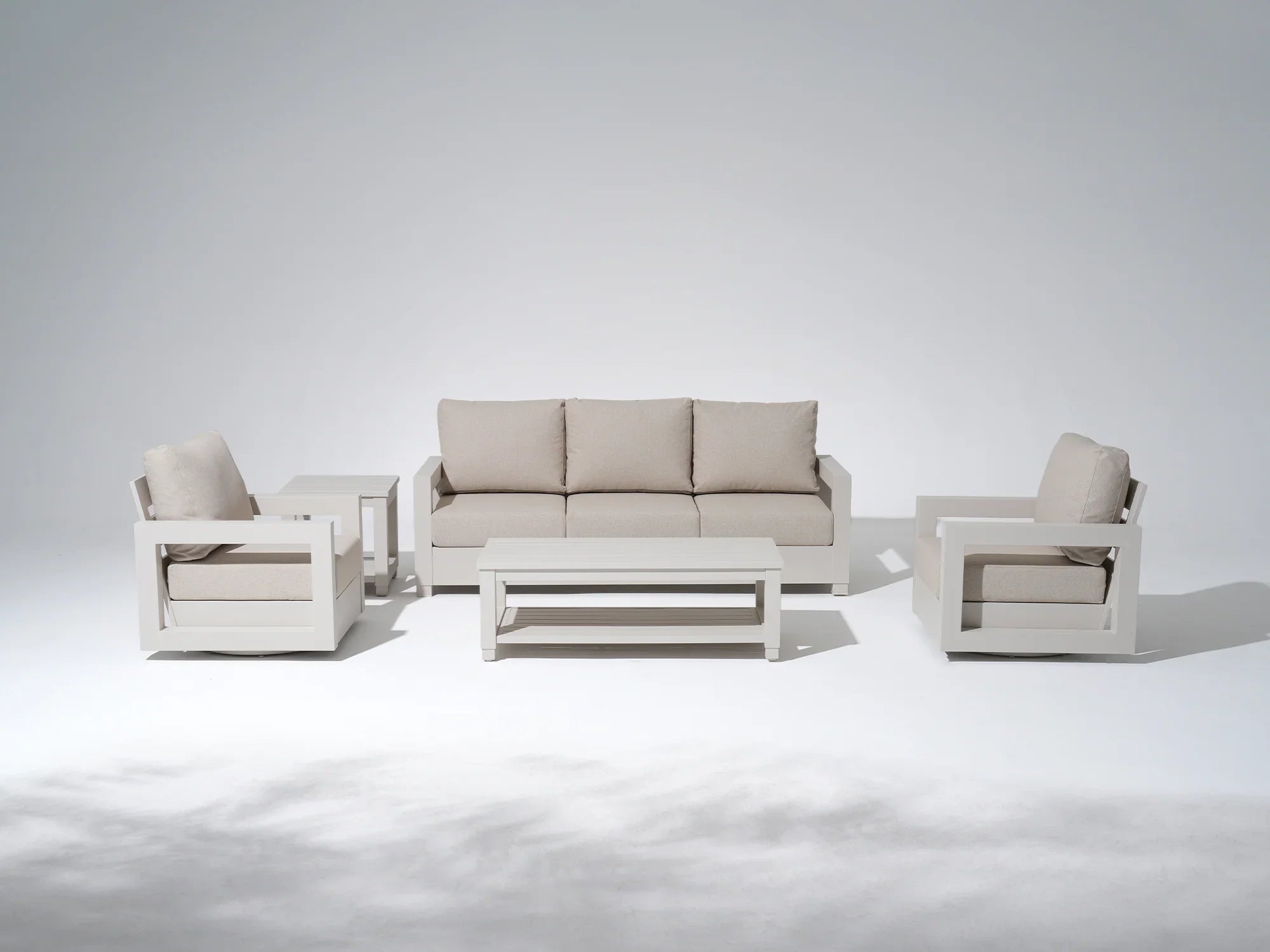 White Aluminum Outdoor Sofa Conversation Set, Swivel Lounge Chair, Olefin White Cushions, Mixed Coffee Tables