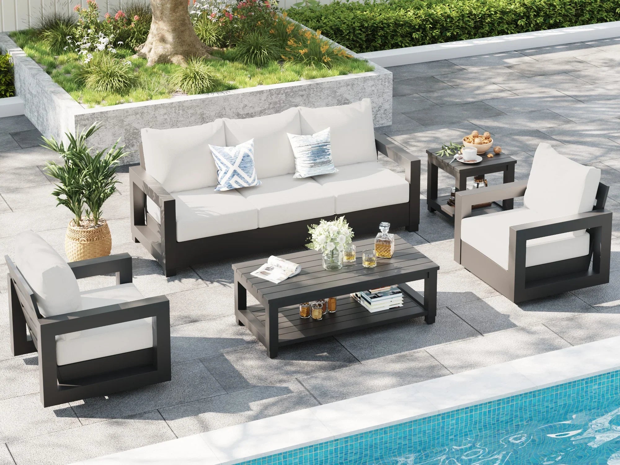 5 seats modern Outdoor patio furniture conversation set with dark gray aluminum frame and white cushions