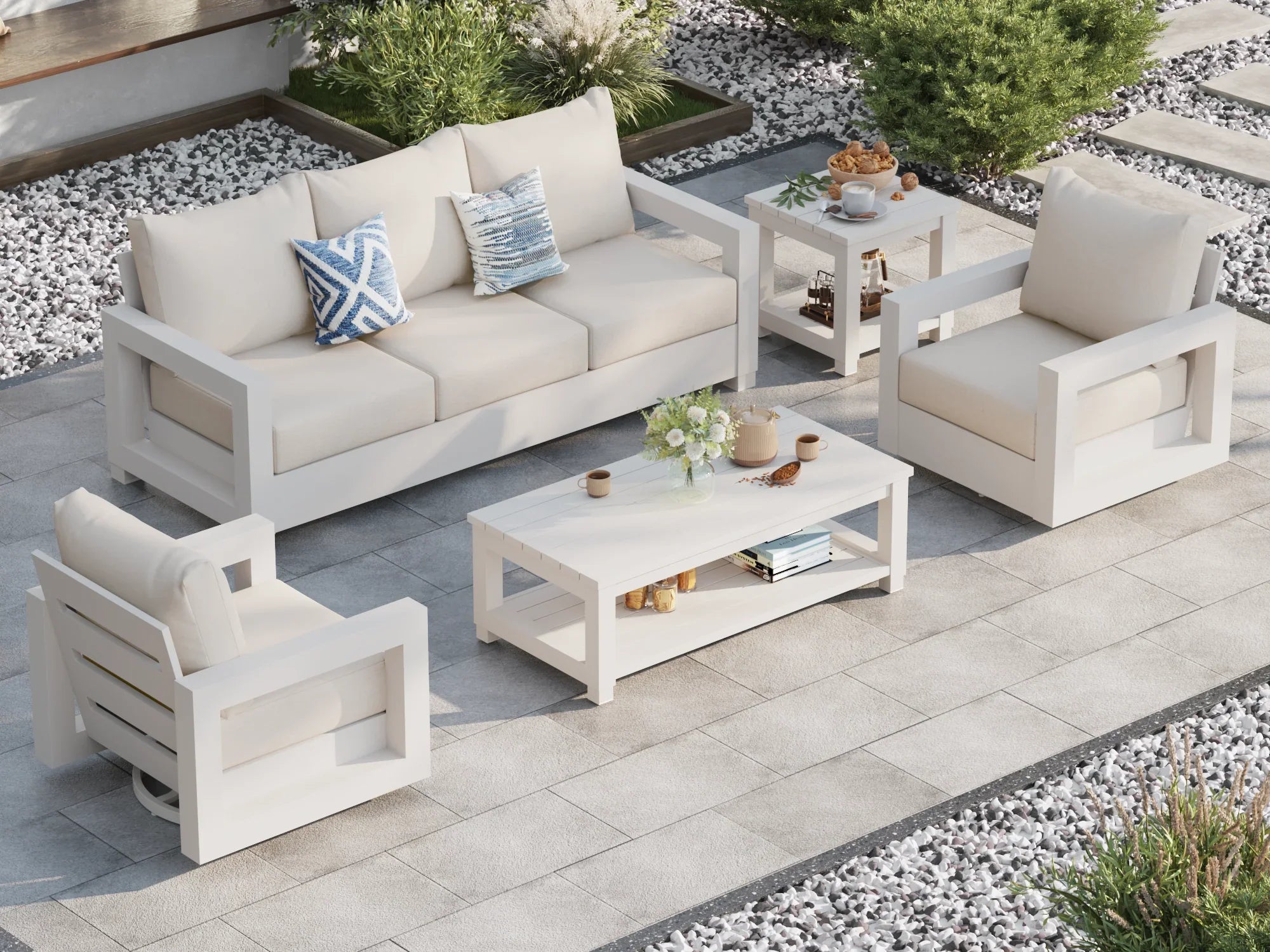 white aluminum Outdoor patio furniture conversation set with beige cushions, swivel chairs and two tables