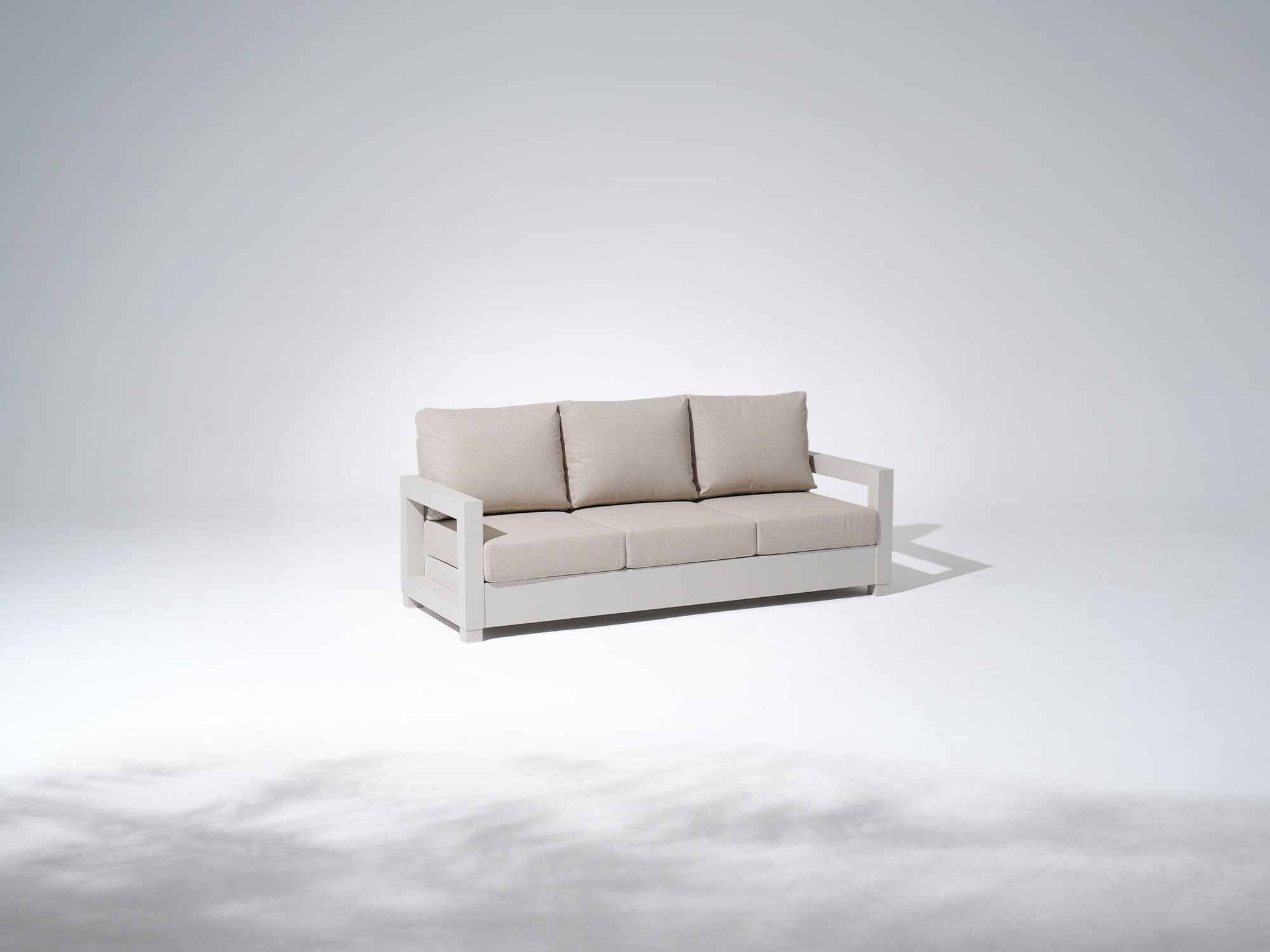 Vela Aluminum White Outdoor Sofa Set, Swivel Lounge Chair, Olefin White Cushions, Mixed Tables
