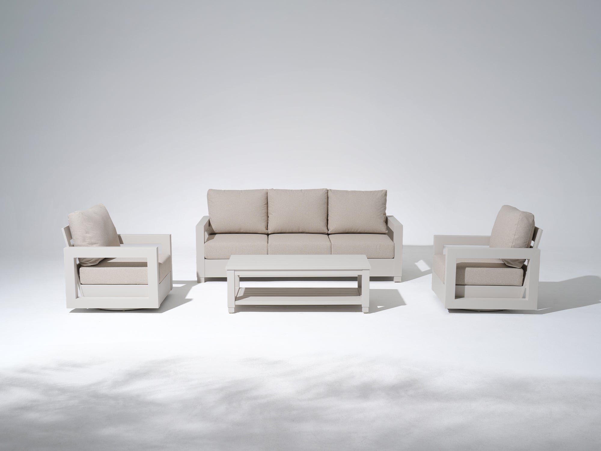 Vela Aluminum White Outdoor Sofa Set, Swivel Lounge Chair, Olefin White Cushions, Mixed Tables