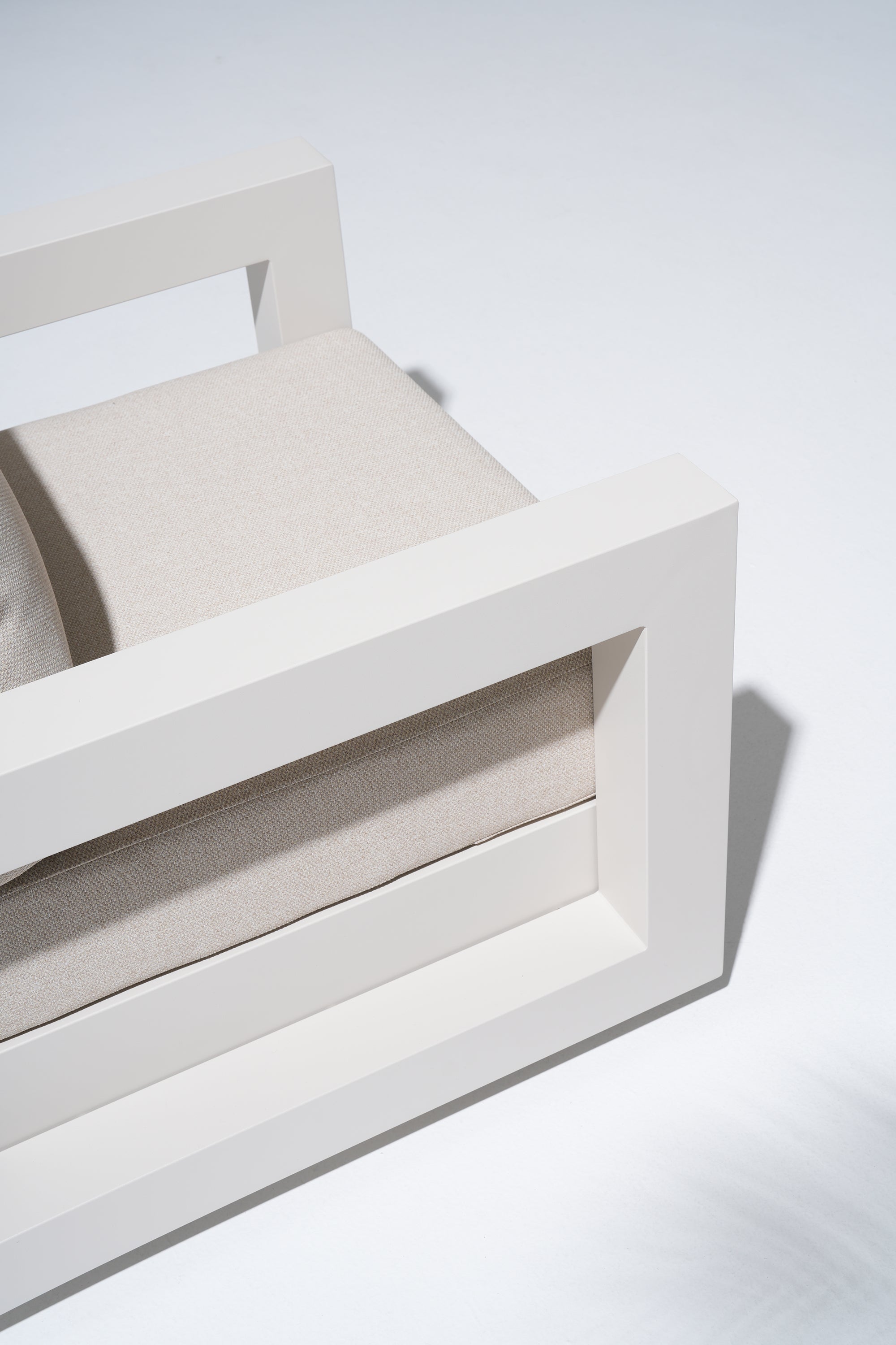 Vela Aluminum White Outdoor Sofa Set, Swivel Lounge Chair, Olefin White Cushions, Mixed Tables