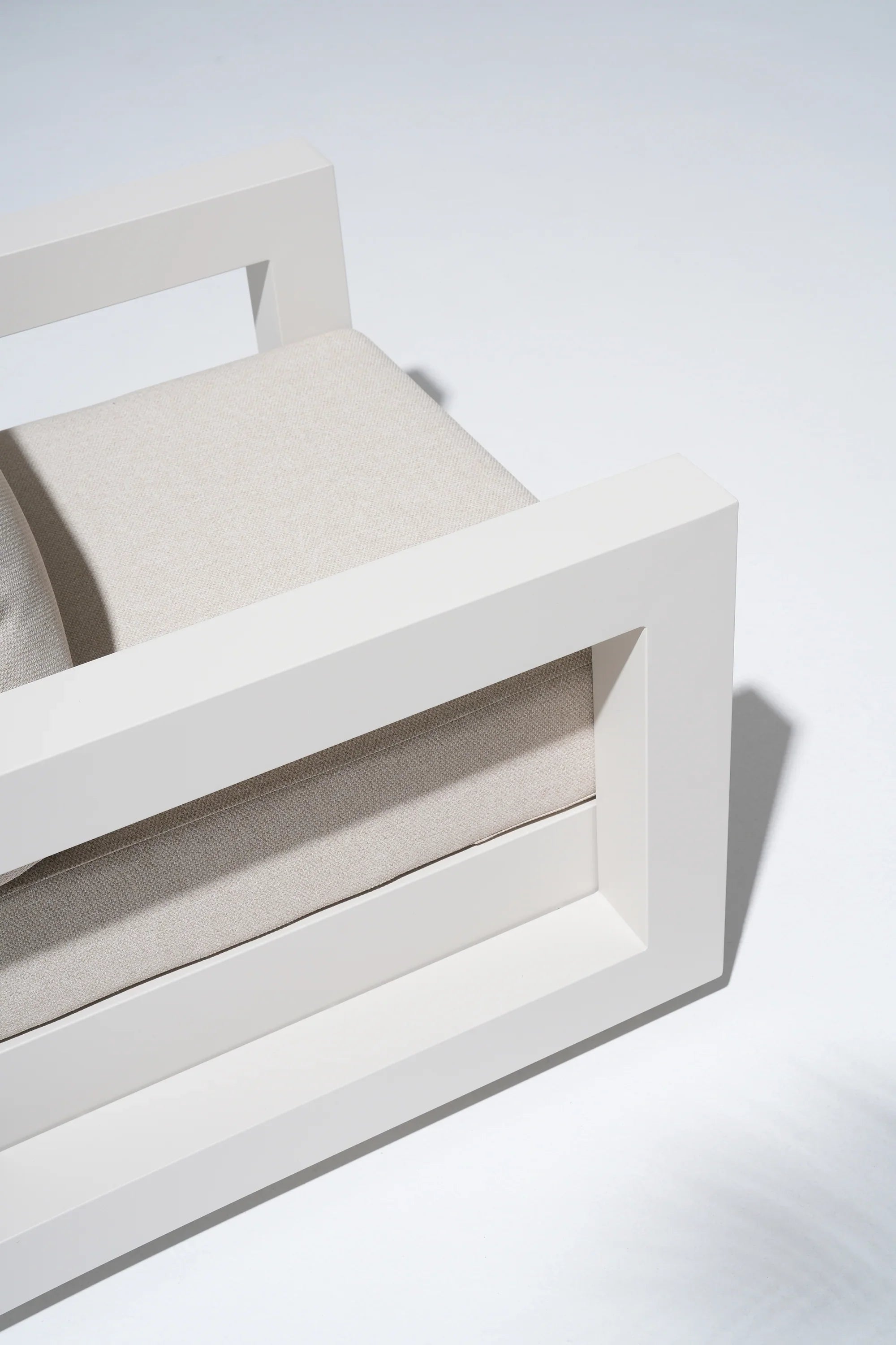 Vela Aluminum White Outdoor Sofa Set, Swivel Lounge Chair, Olefin White Cushions, Mixed Tables