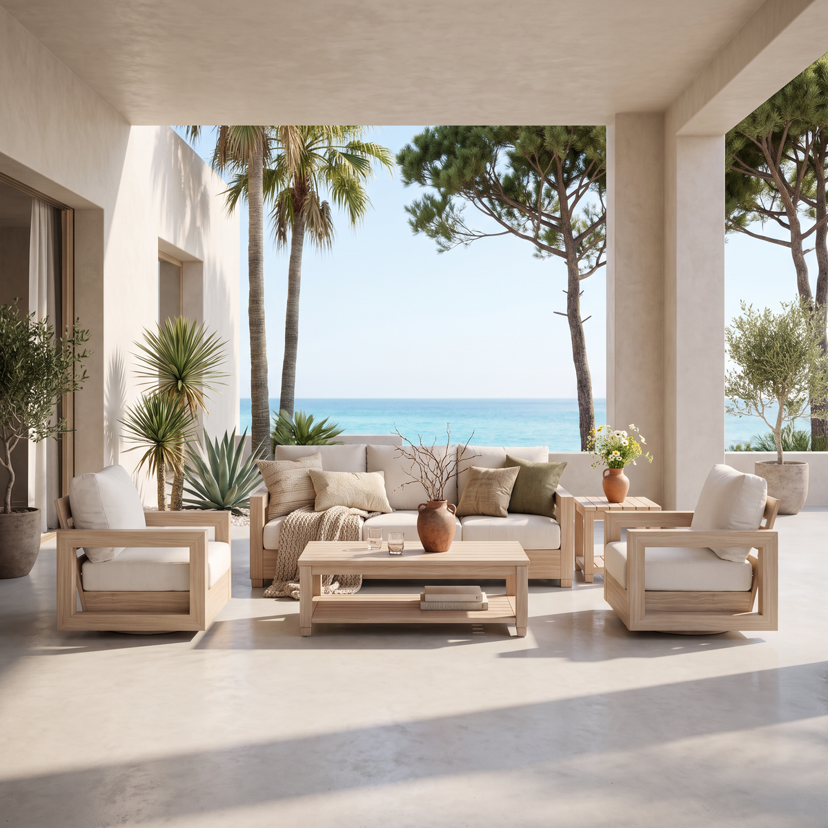 Vela Aluminum Outdoor Conversation Set in Wood-Look, Swivel Chairs, Sunbrella® Cushions