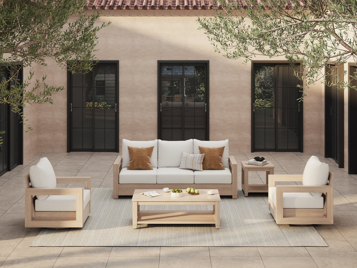 Vela Aluminum Outdoor Conversation Set in Wood-Look, Swivel Chairs, Sunbrella® Cushions