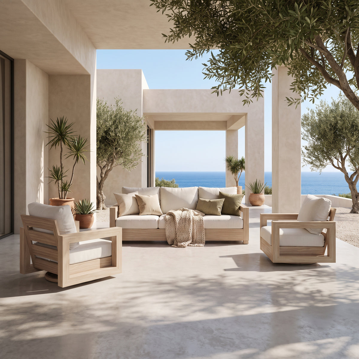Vela Aluminum Outdoor Conversation Set in Wood-Look, Swivel Chairs, Sunbrella® Cushions