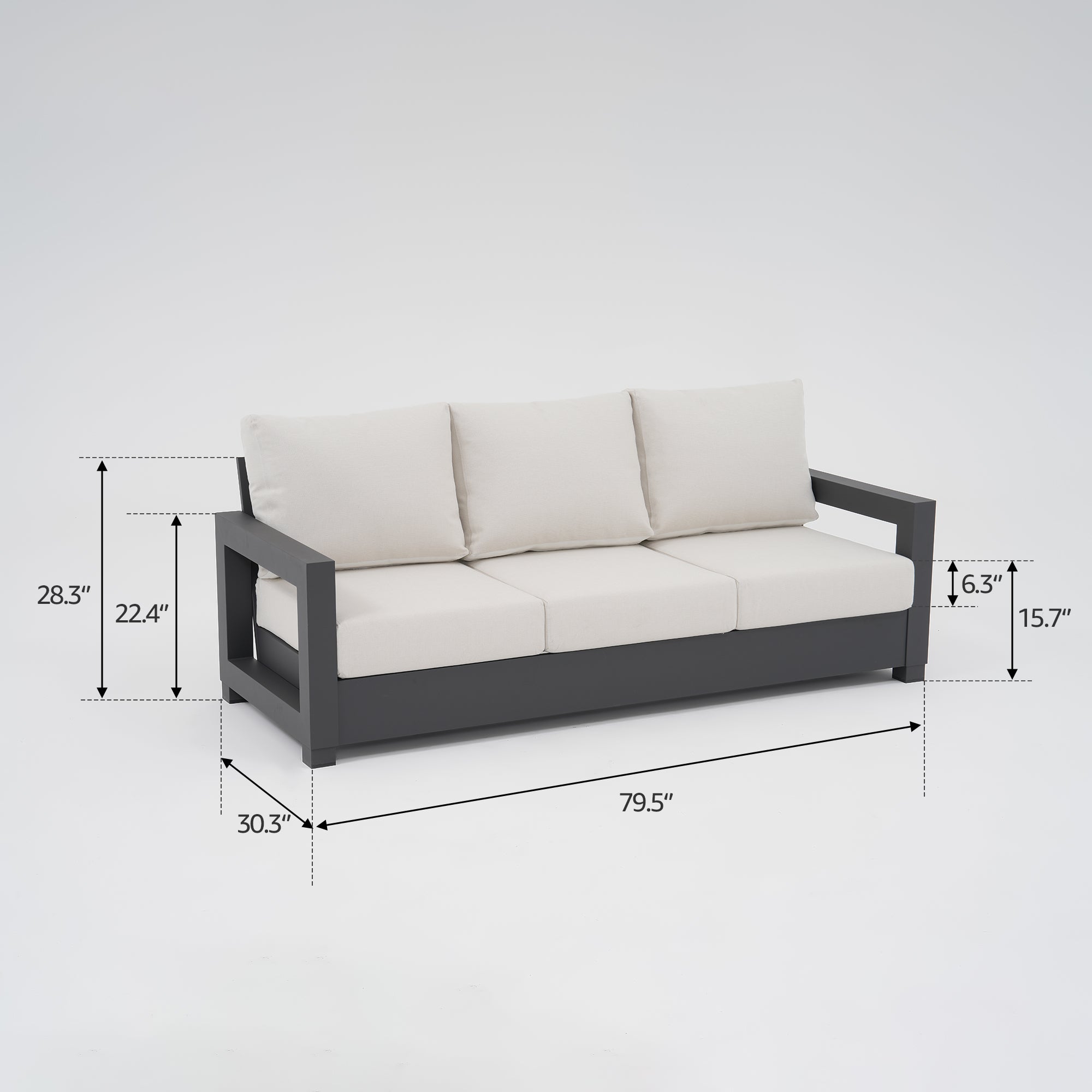 Vela Aluminum Dark Gery Outdoor Sofa, Olefin White Cushions