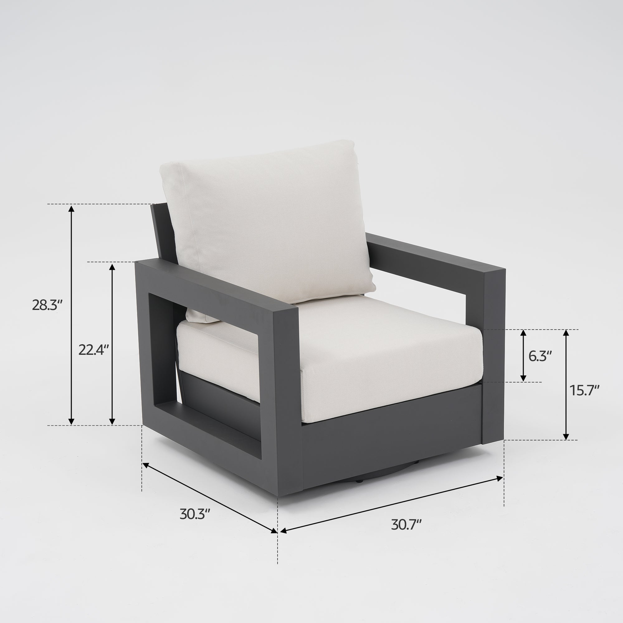 Vela Aluminum Outdoor Swivel Chairs with Table, Black Frame & White Cushions