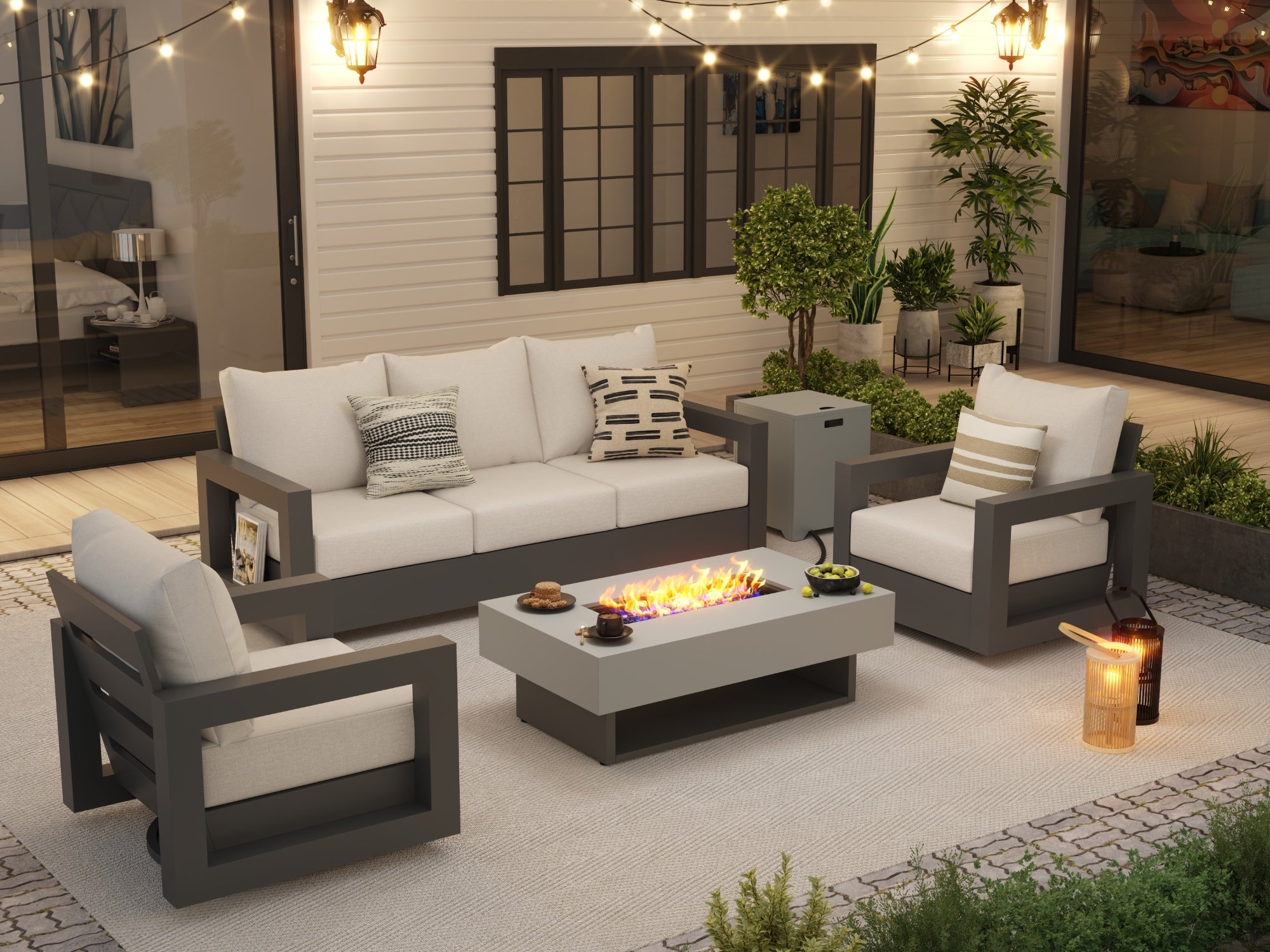 Gray Aluminum Outdoor Furniture Set with Fire Table, Swivel Lounge Chair, Olefin Cushions
