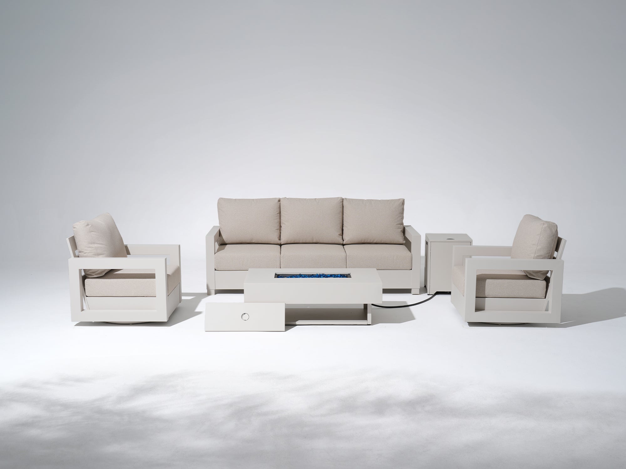 Vela Modern Metal Outdoor Sofa Set with Swivel Chairs, Light Beige Fire Pit,Linen Cushions