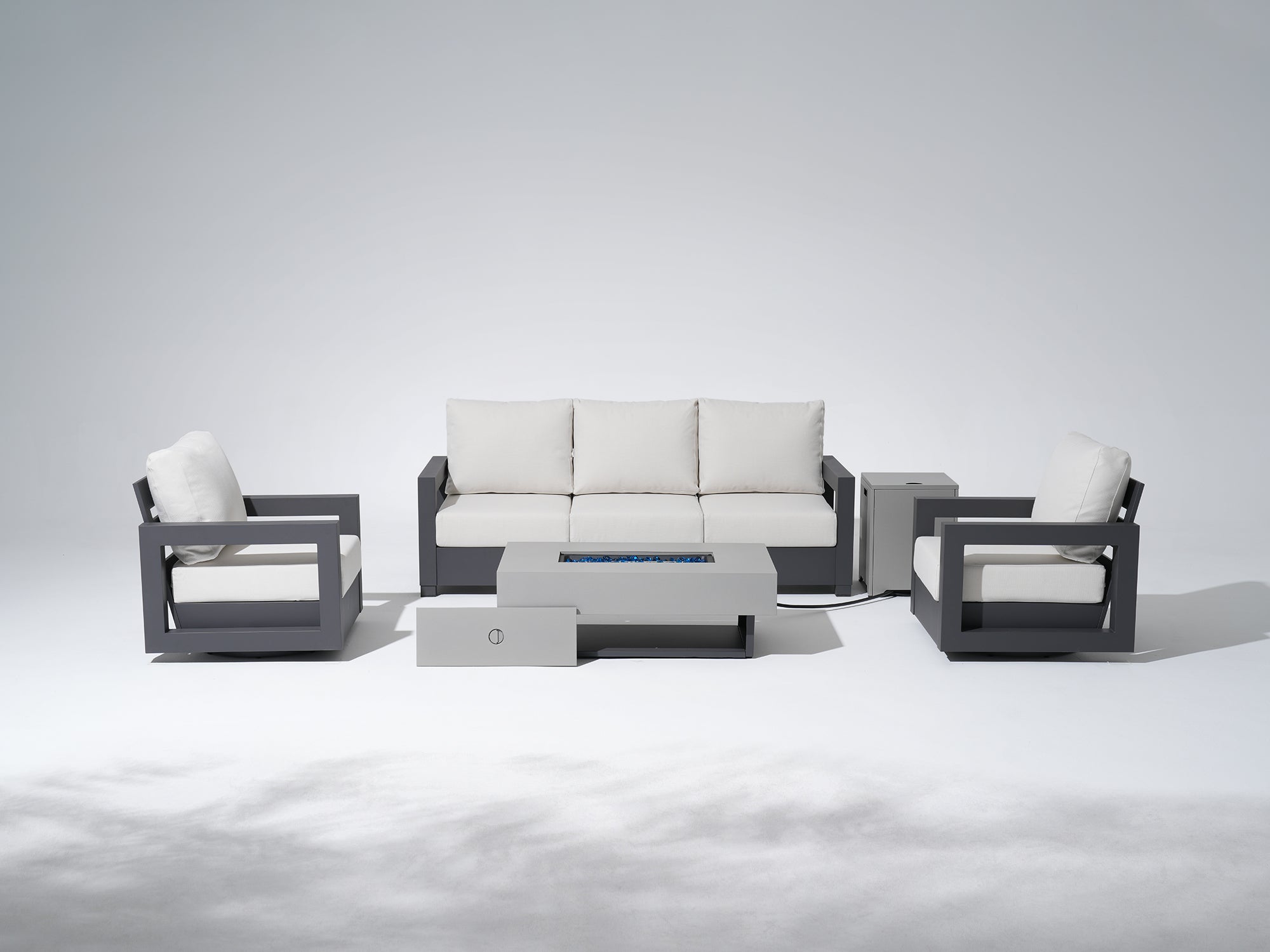 Aluminum Outdoor Furniture Set with Fire Table, Swivel Lounge Chair, Olefin Cushions