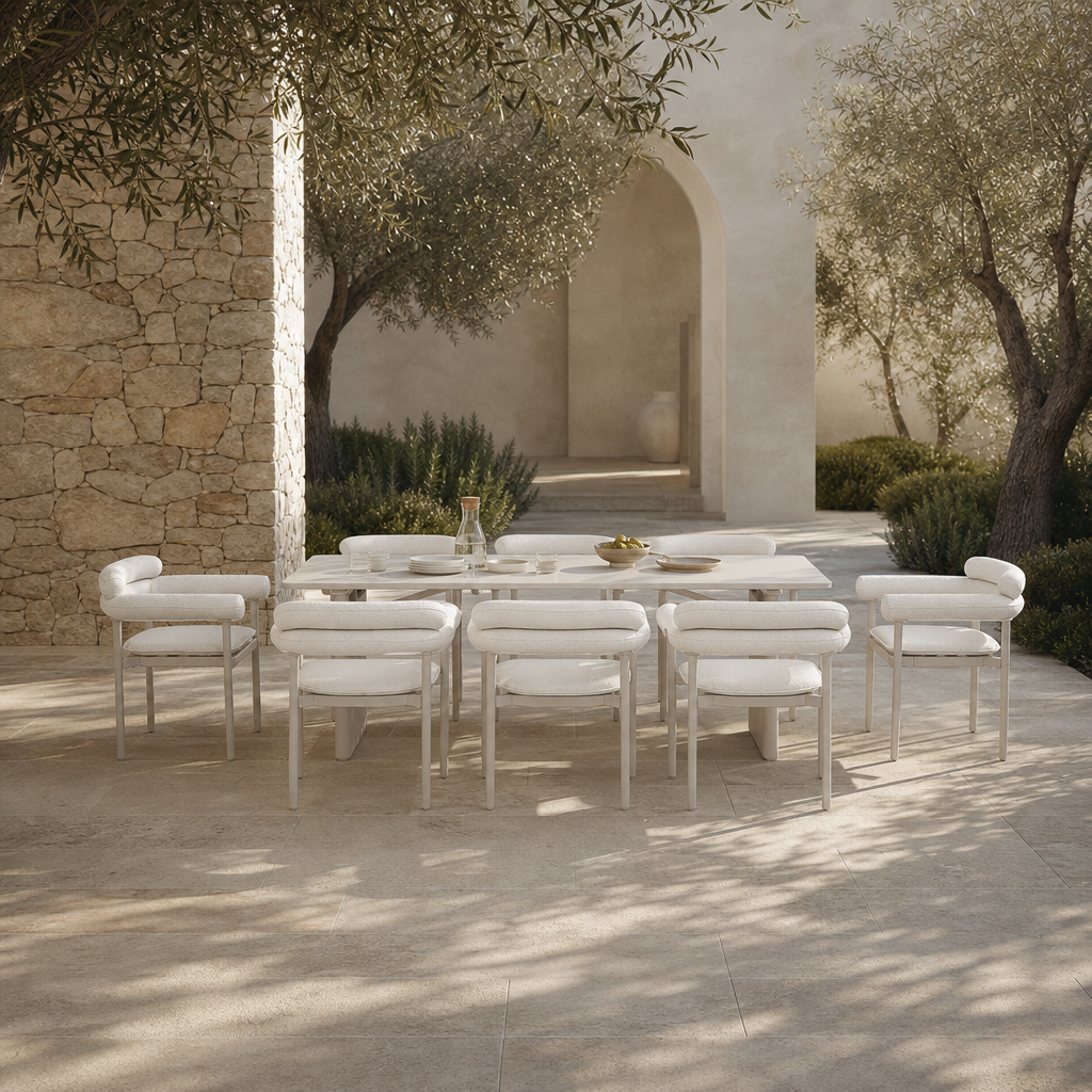 Oyster‑White Aluminum Outdoor Dining Set for 6-8 People, Boucle Upholstered Dining Chairs, 86.6"
