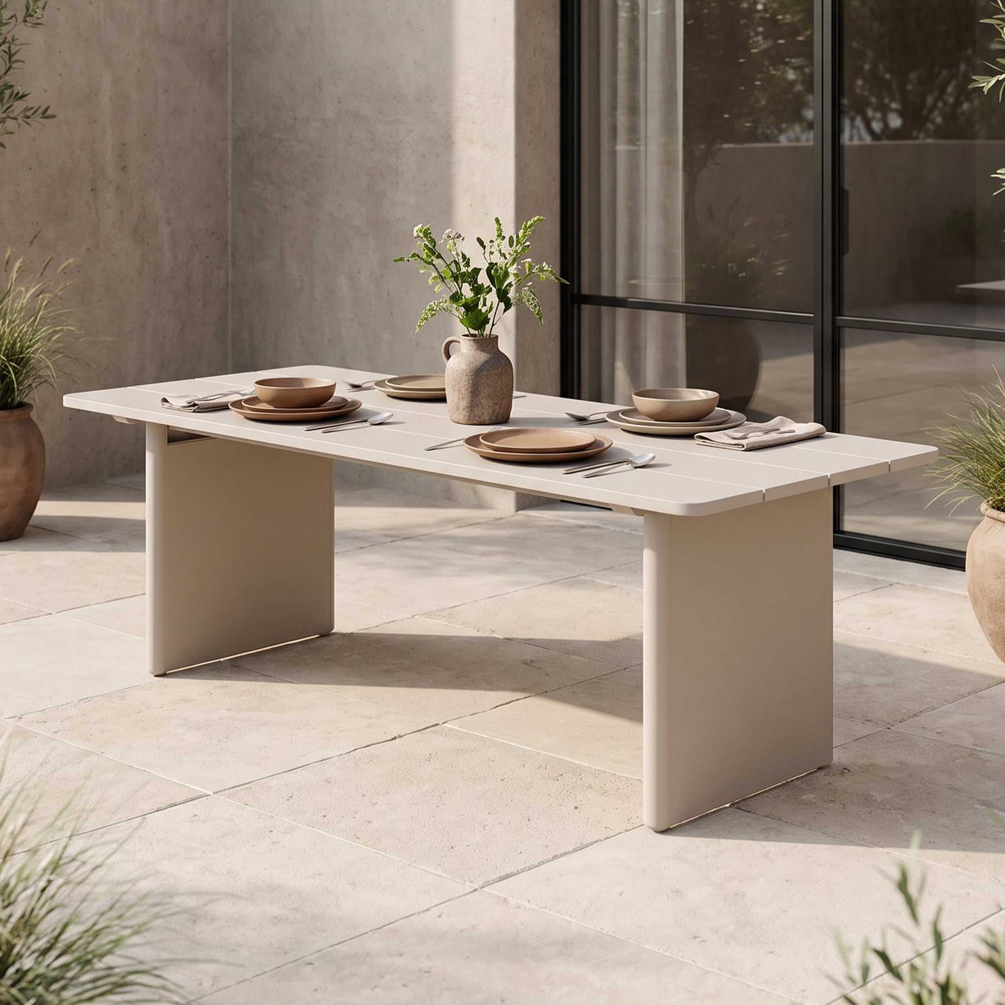 Aluminum Slat Outdoor Dining Table for 6-8 People, Oyster White & Charcoal & Light Beige, 86.6''