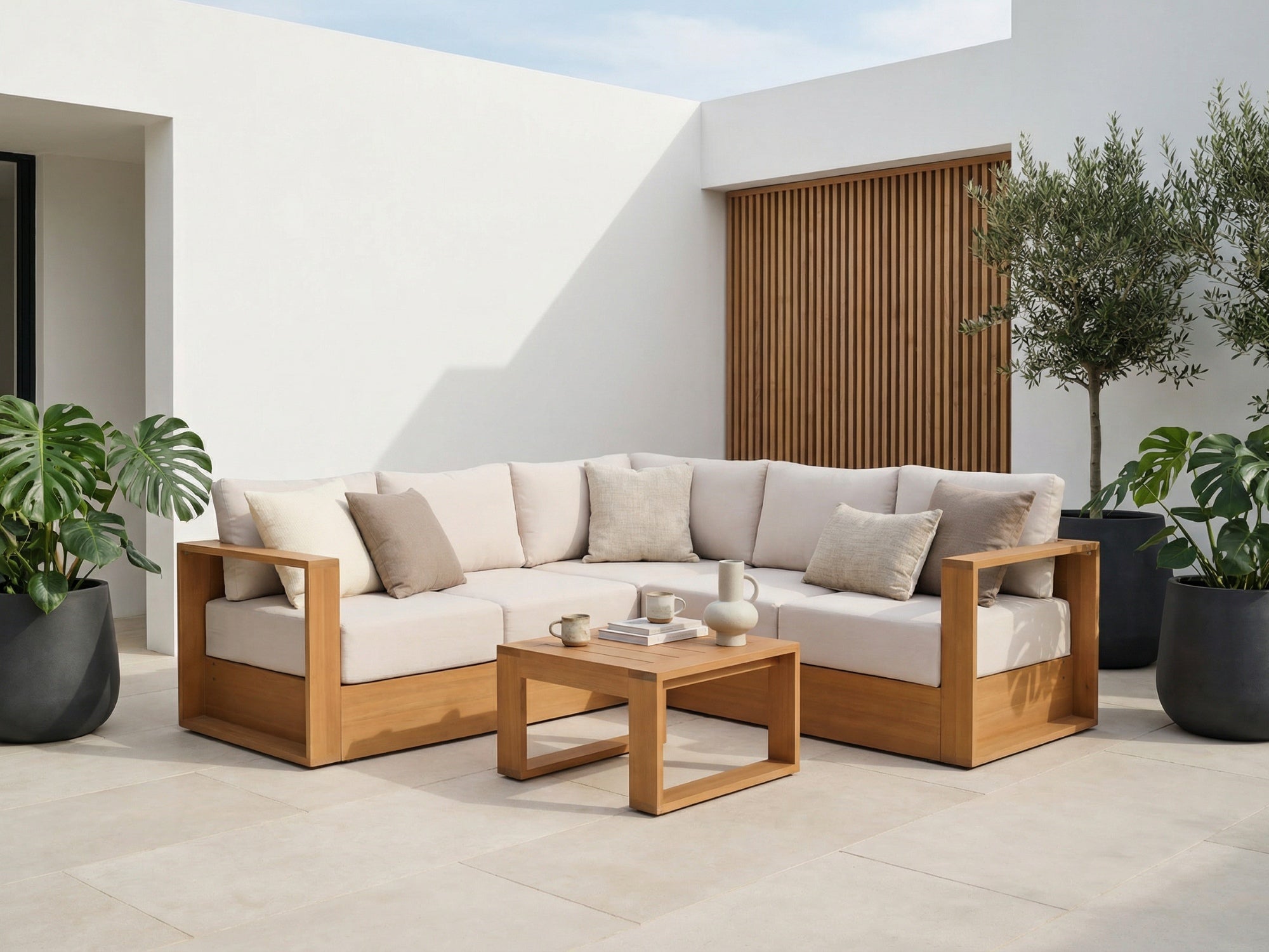 Eucalyptus Wood l-shaped Outdoor patio furniture set with a sectional sofa and coffee table - Jardina Modern Premium Outdoor Patio Furniture Set