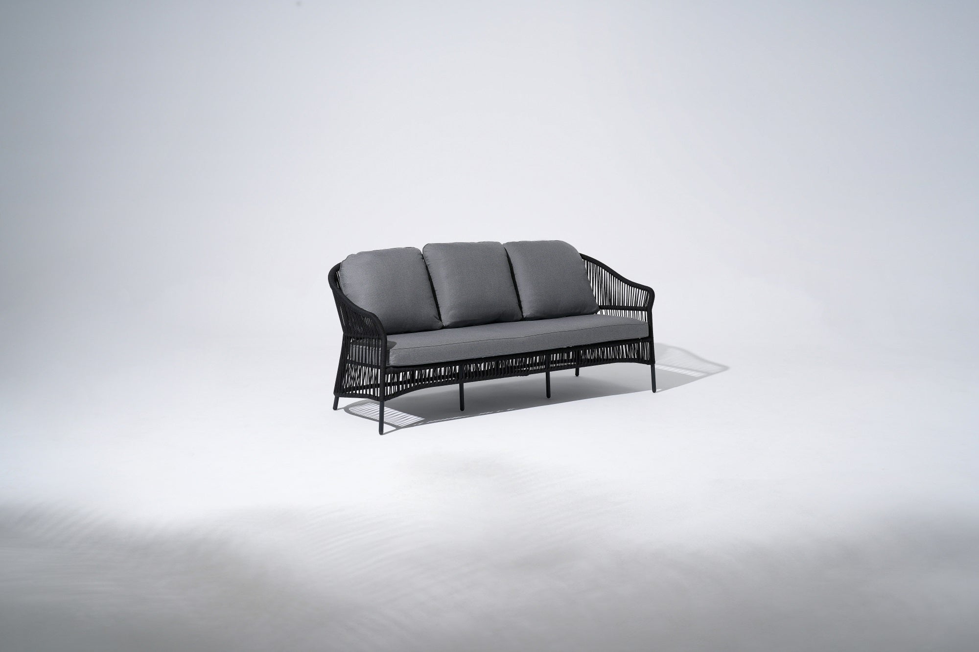Outdoor 3-seat sofa, black aluminum frame, black rope design and gray cushions - Jardina Premium Modern Outdoor Patio Furniture