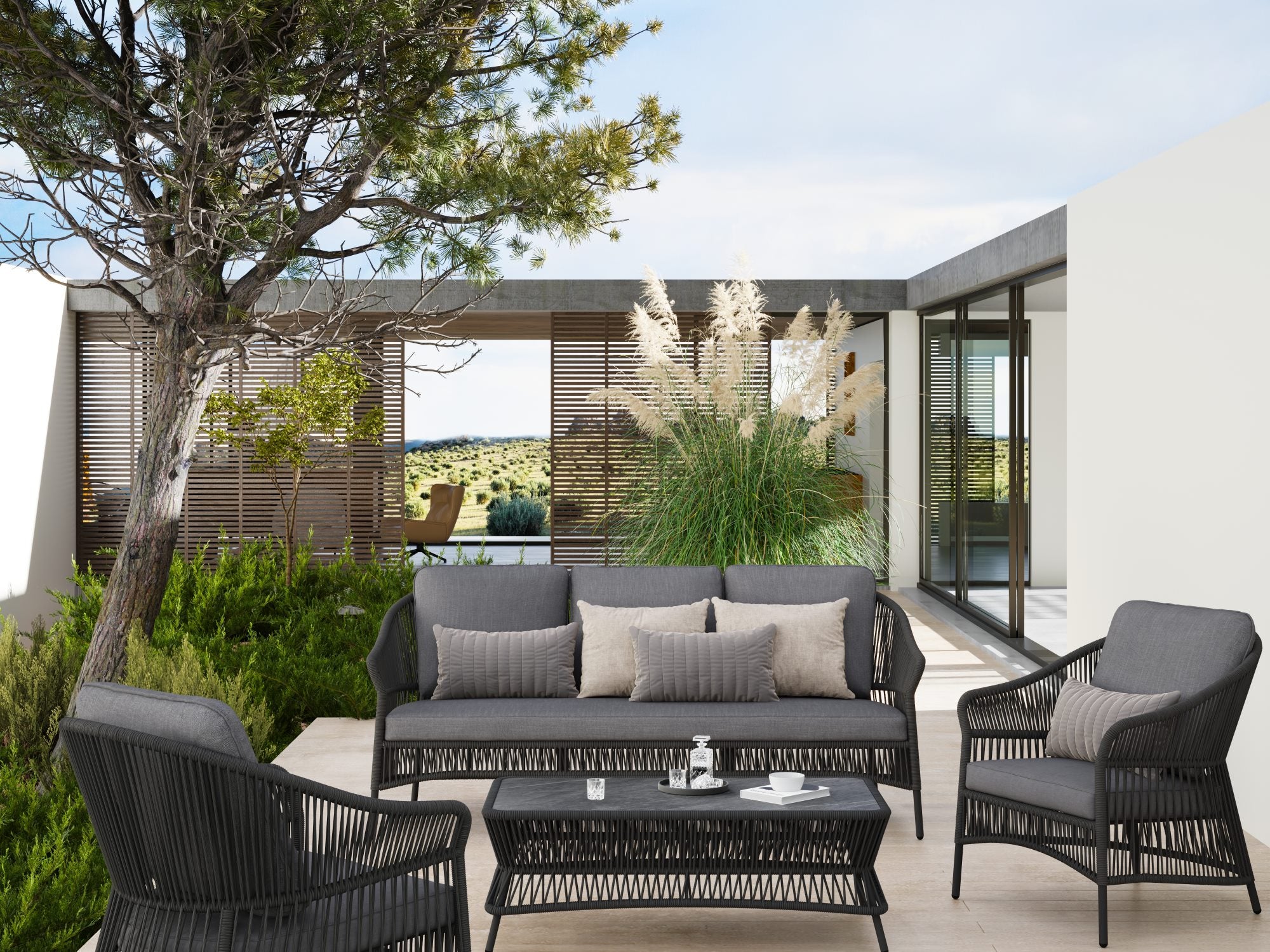 Wonder 4Pcs Modern Outdoor Conversation Set with Black Rope