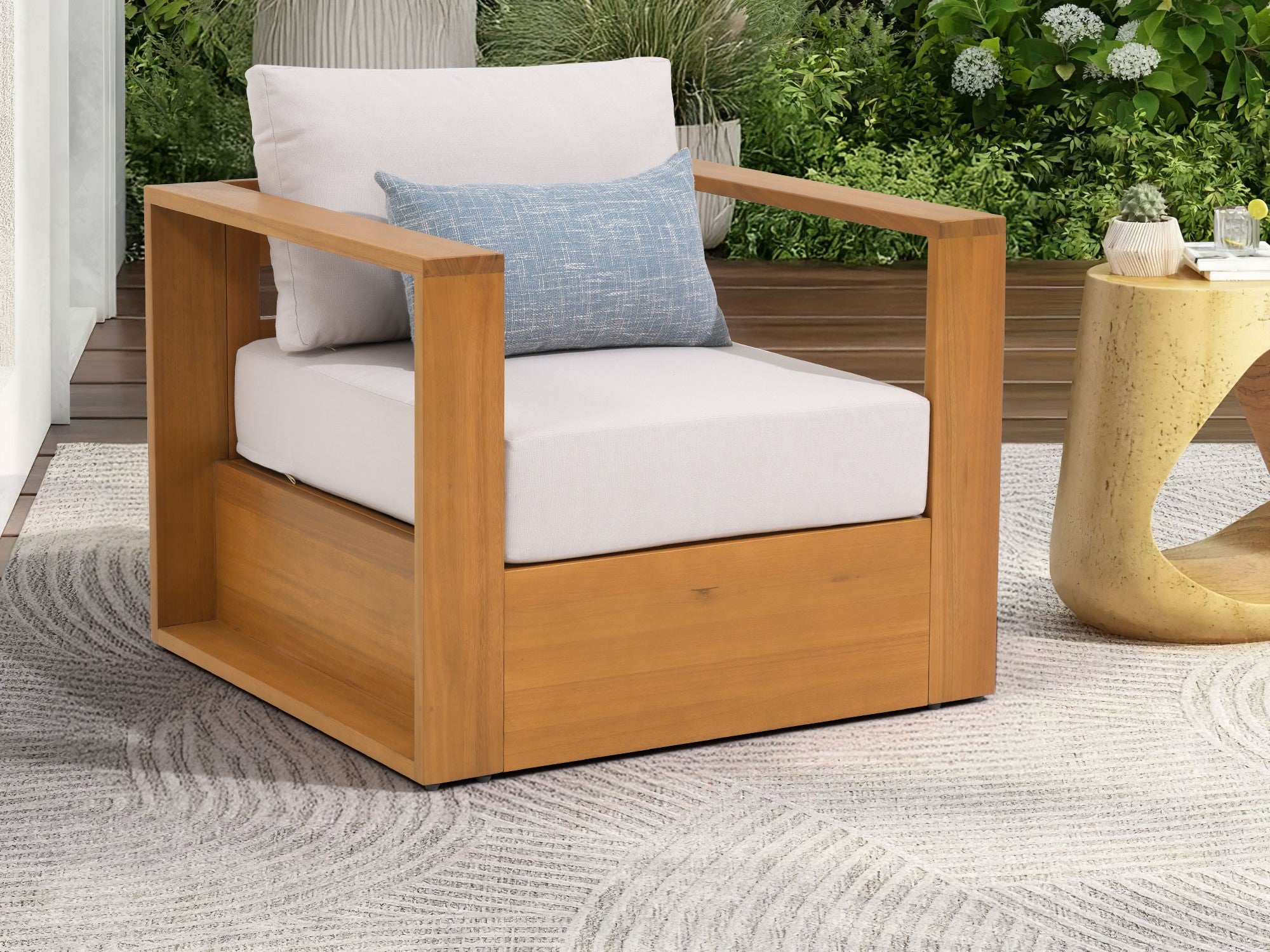 Foristern single sofa eucalyptus wood outdoor armchair, White Olefin Cushions - Jardina Modern Outdoor Furniture