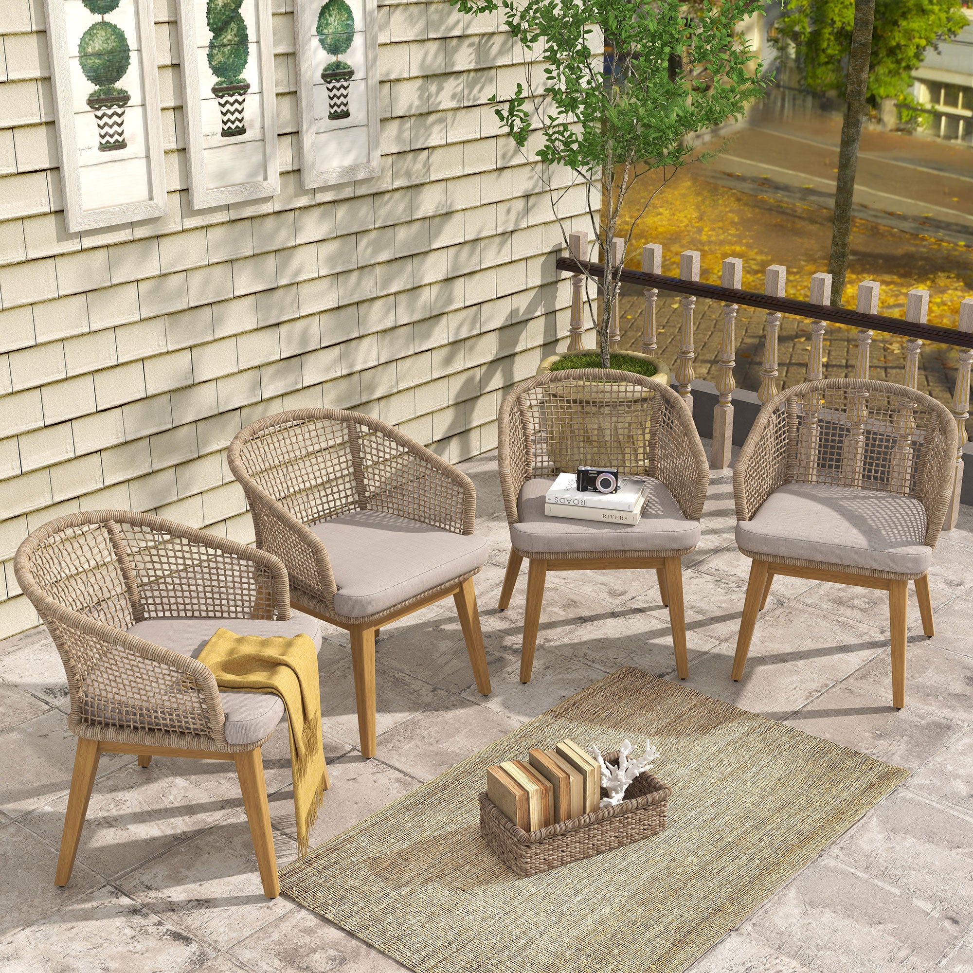 Noto Wooden Outdoor Dining Set with Checkerboard Woven Chairs for 6 People, 67''
