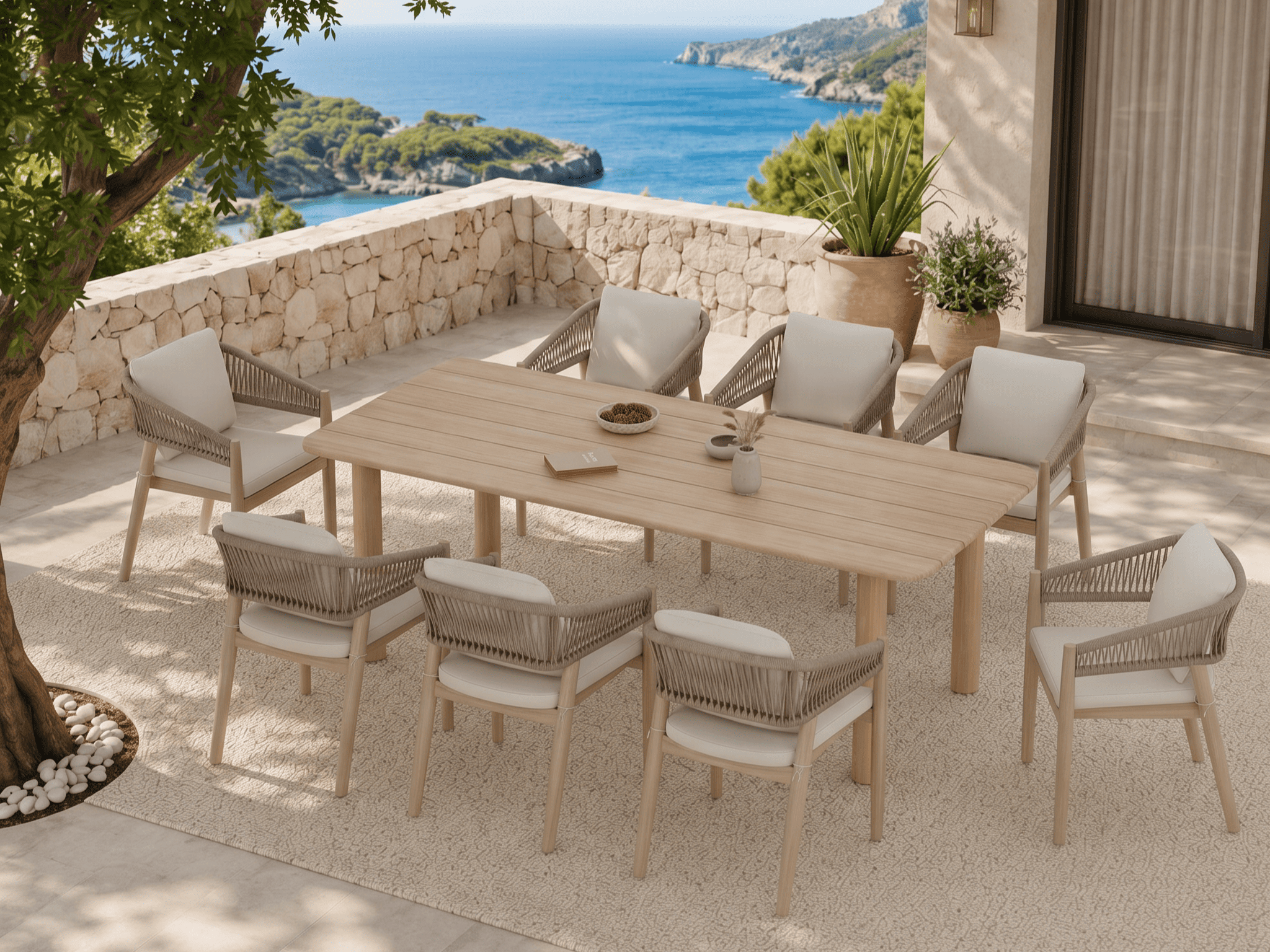 Lira Wooden Outdoor Dining Set with Rope Design, 8 Seats, 86.6" Slatted Table