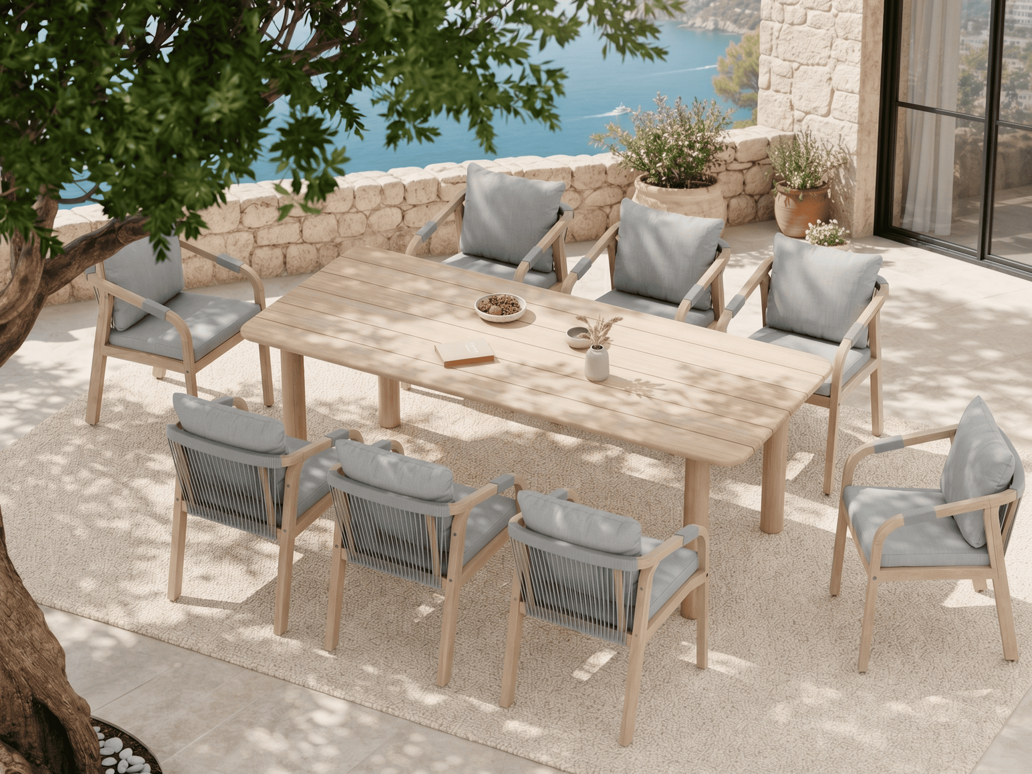 Thalea Wooden Outdoor Dining Set with Textured Rope Design Chairs, 8 Seats, 86.6" Slatted Table