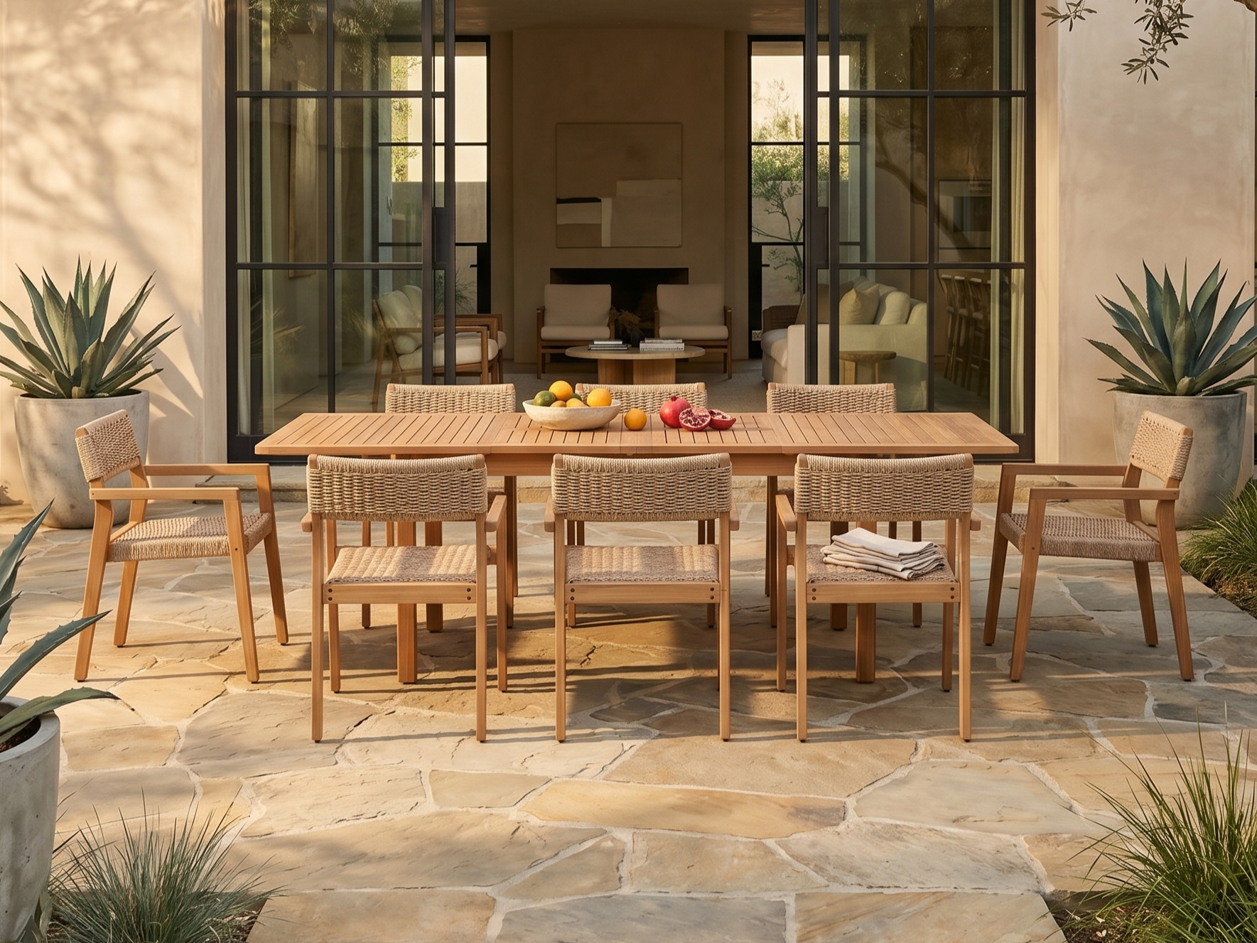 Cove Outdoor Wooden Dining Set with Ratten Arm Chairs for 8 People, Extendable Outdoor Dining Table with Umbrella Hole, 63"- 94"