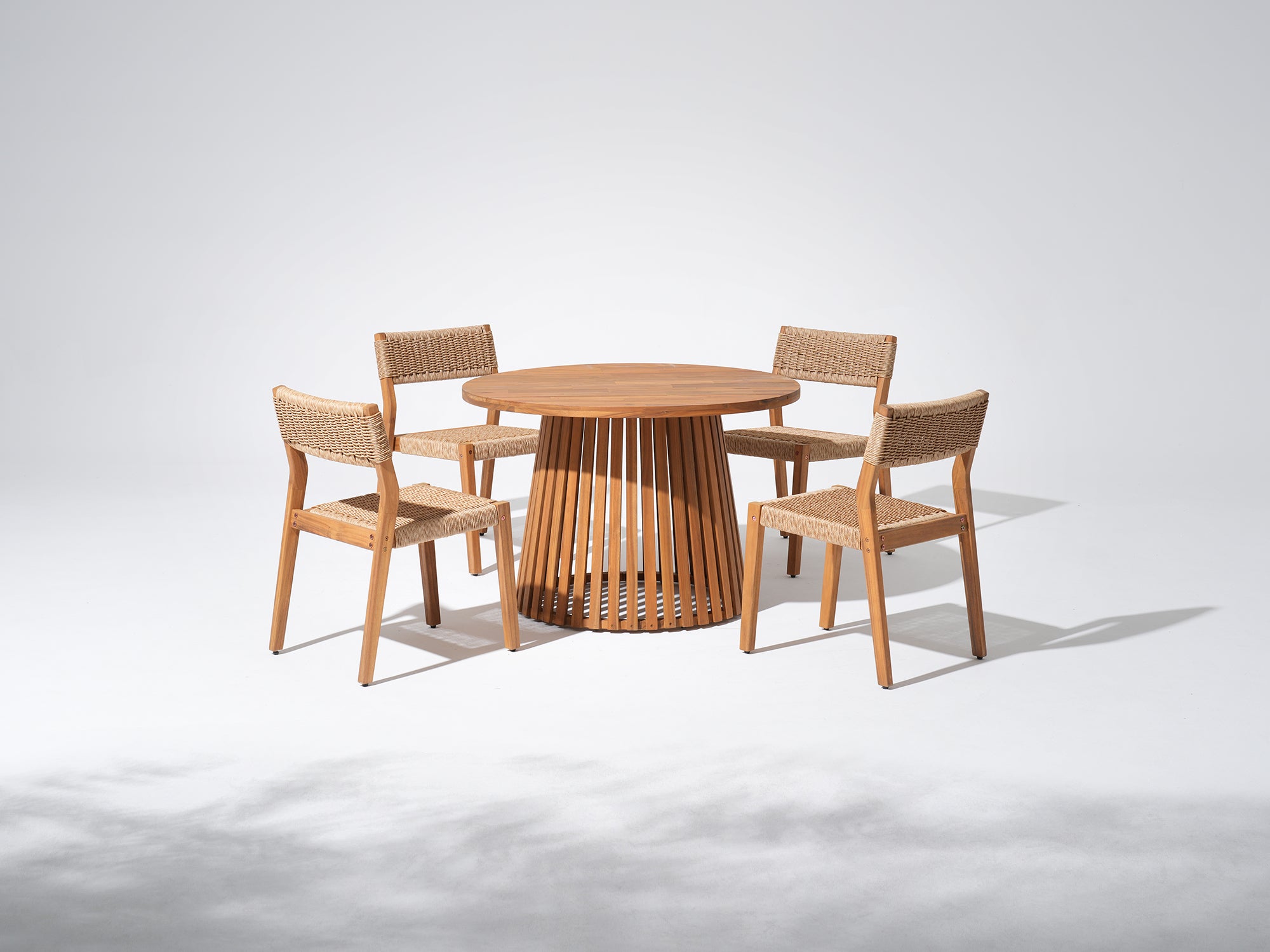 Cove Outdoor Wood Dining Set with Rattan Armless Chairs, Round Table Patio Set for 4-6, 43.3"