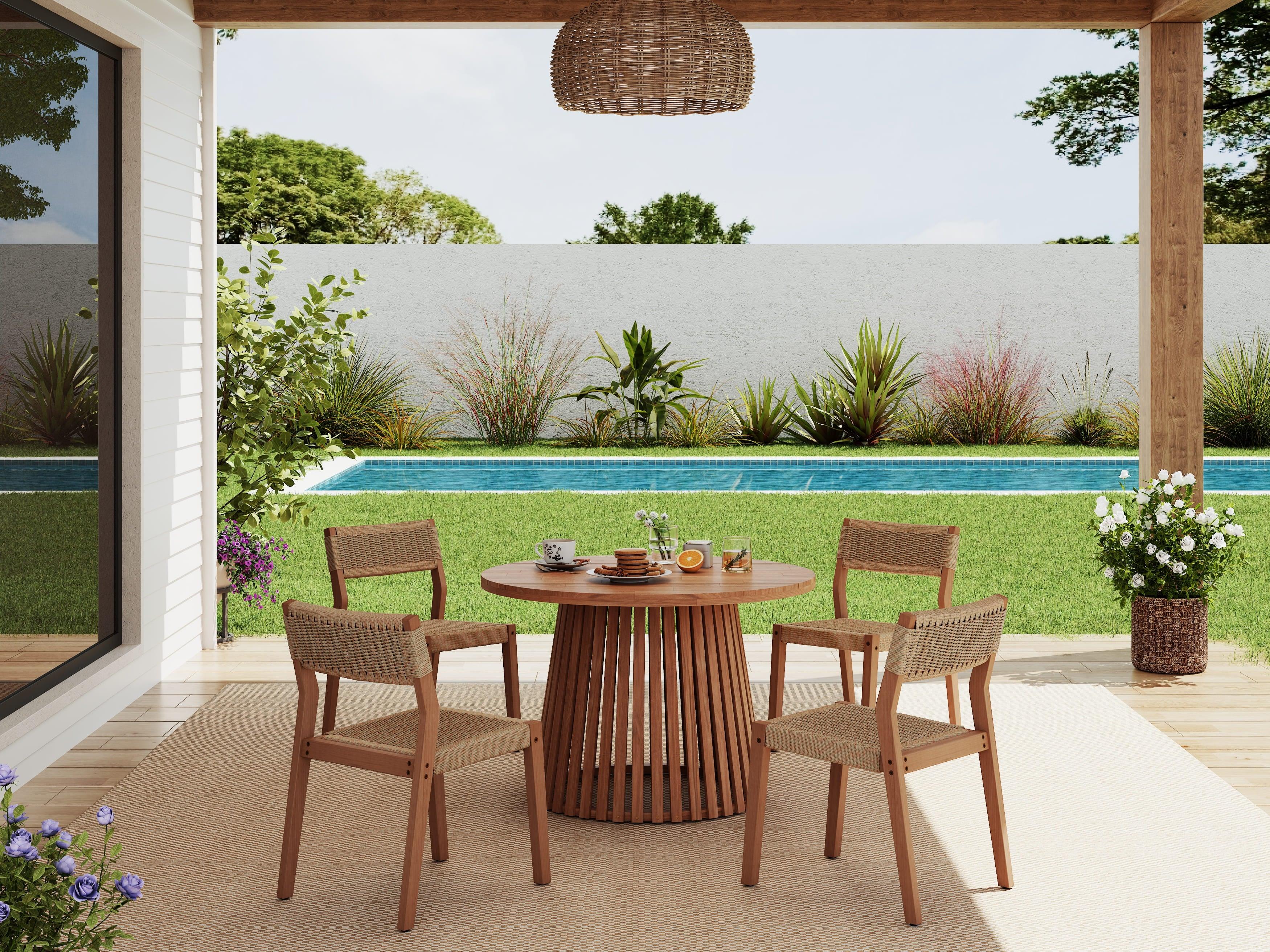 acacia wood Round Table Patio dining Set for 4 people with armless wicker chairs - Jardina Premium Modern Outdoor Dining Furniture