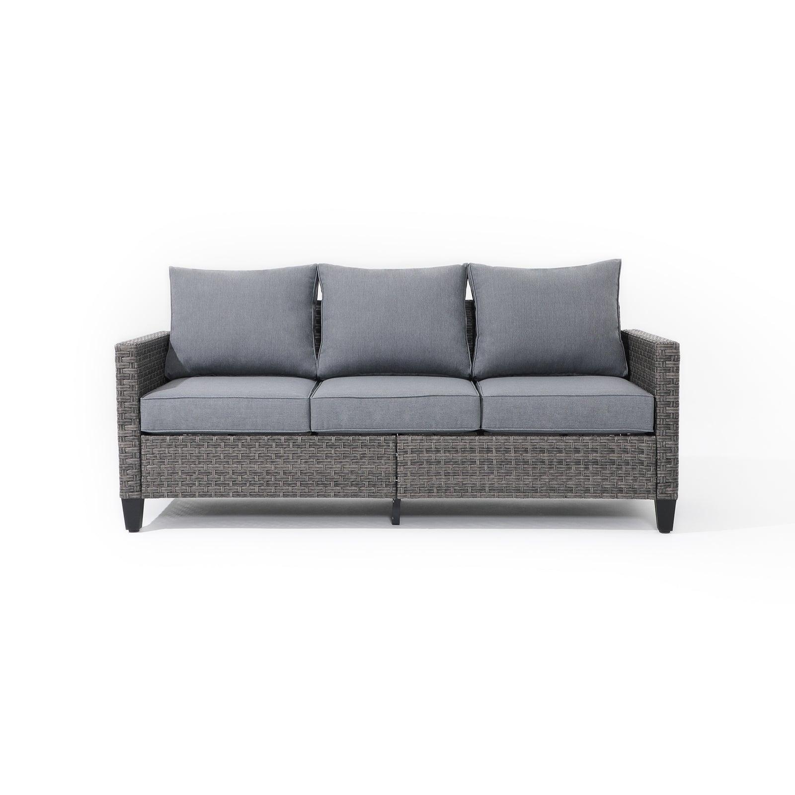Modern HDPE Wicker Outdoor Furniture, Ayia outdoor sofa with rattan design, grey cushions, three seats, Front view- Jardina Premium Modern Outdoor Sofa#color_Grey