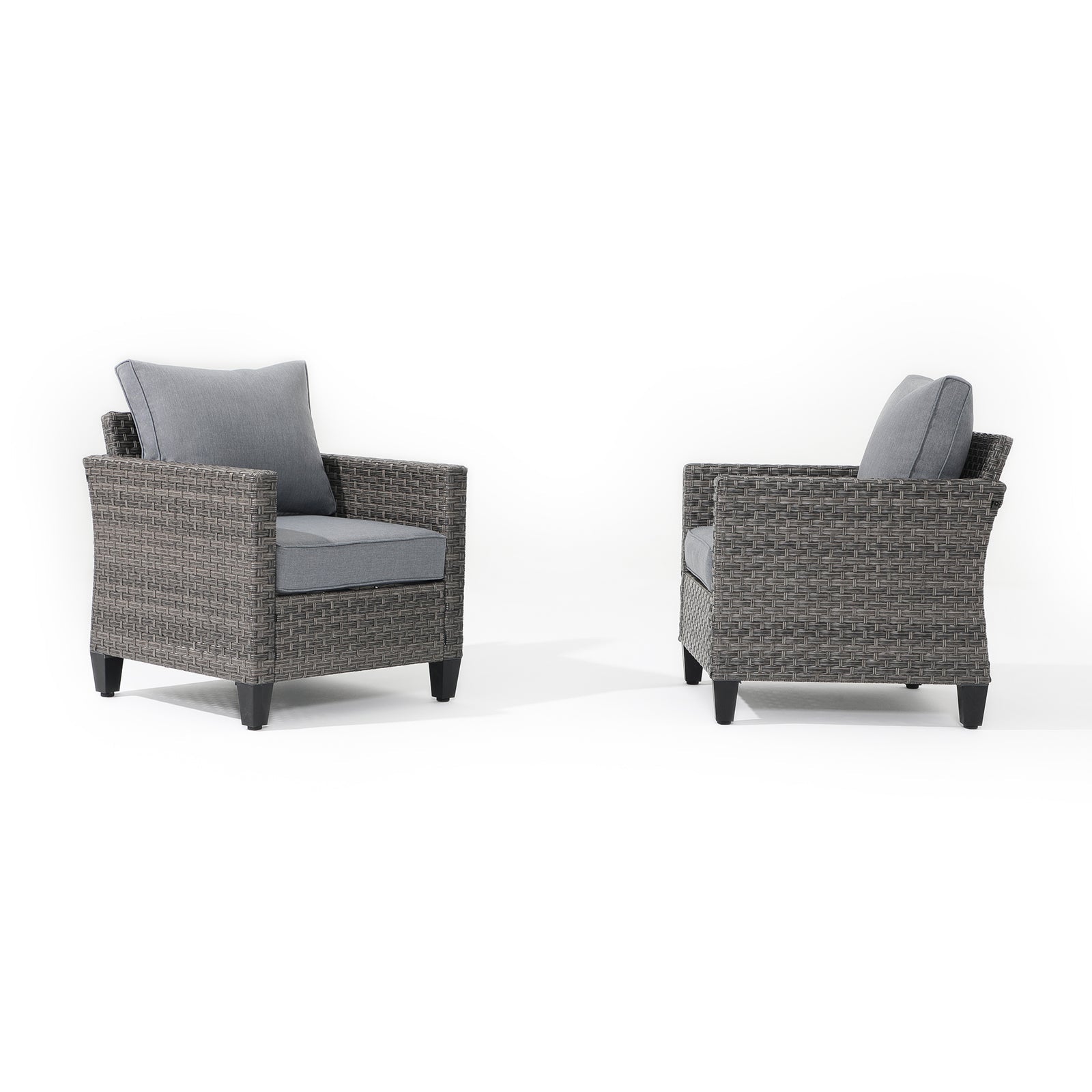 Ayia Modern HDPE Wicker Outdoor Furniture, lounge chairs with rattan design, grey cushions, two angles - Jardina Furniture #color_Grey