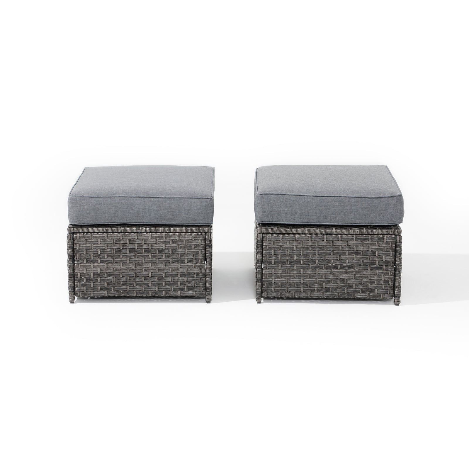 Ayia Modern HDPE Wicker Outdoor Furniture, 2-Piece grey wicker Ottomans and grey cushions, front - Jardina Furniture #color_Grey