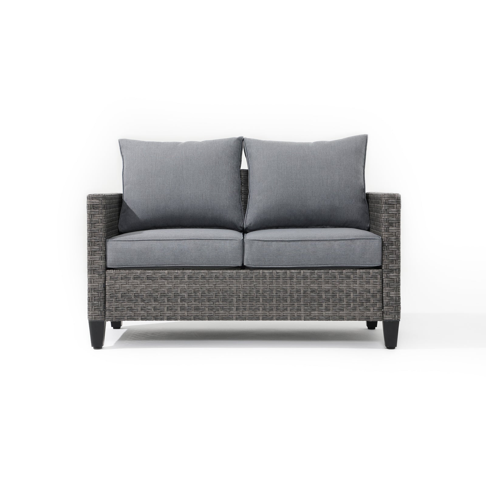 Ayia Modern HDPE Wicker Outdoor Furniture, patio loveseat with grey rattan design, grey cushions, Front angle - Jardina Premium Modern Outdoor Sofa#color_Grey
