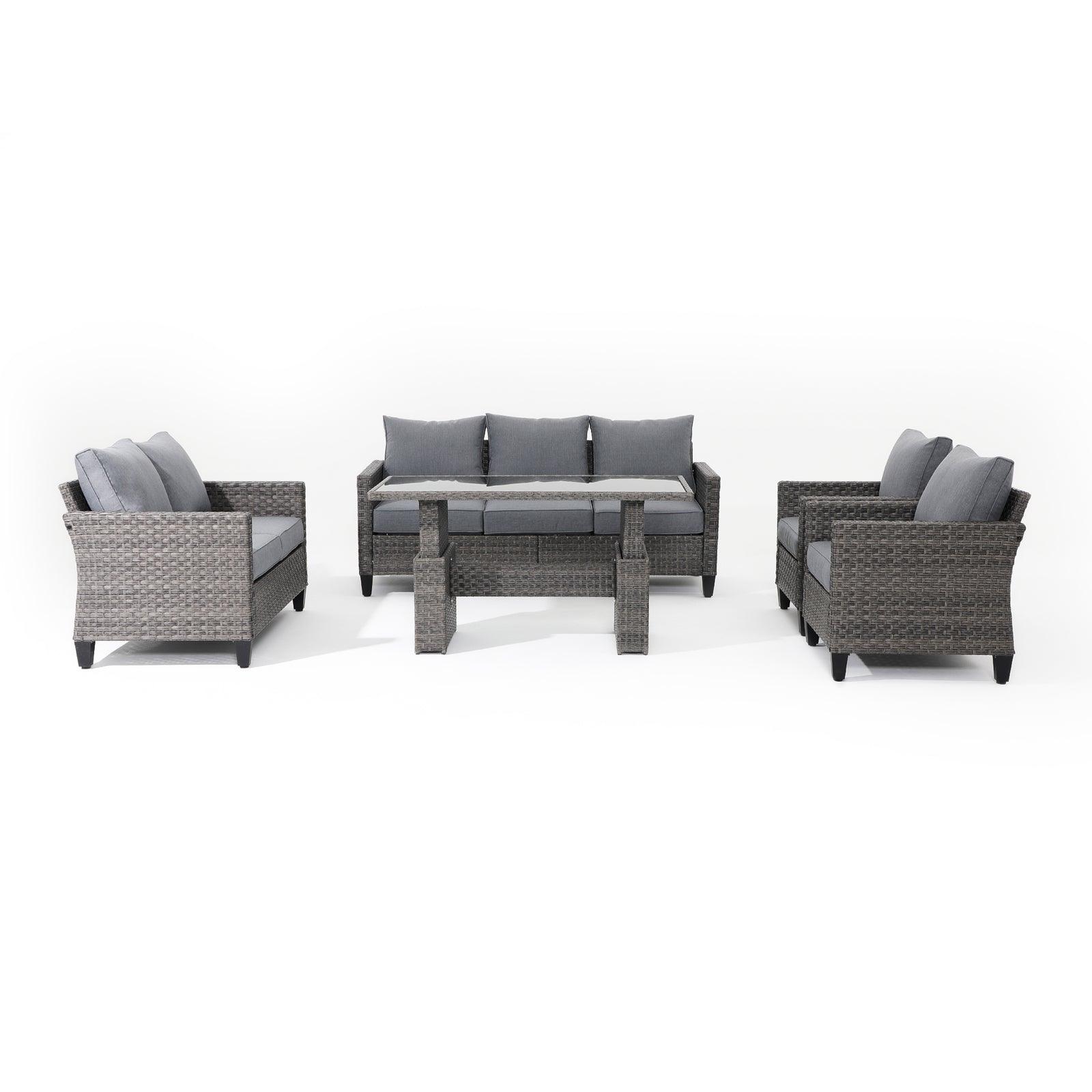 Ayia 5-Piece outdoor Sofa Set with Rattan design, grey cushions, a 3-seater sofa, 2 arm chairs , 1 loveseat, 1 multifunctional lift top dining table, front view - Jardina Furniture #Piece_5-pc#Color_Grey#Style_with Table
