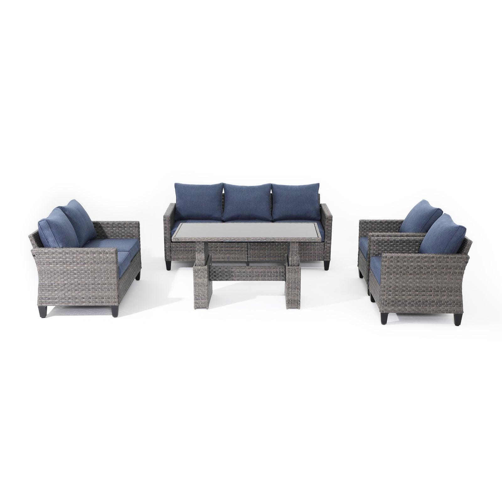 Ayia 5-Piece outdoor Sofa Set with Rattan design, Navy Blue cushions, a 3-seater sofa, 2 arm chairs , 1 loveseat, 1 multifunctional lift-top dining table - Jardina Furniture #Piece_5-pc#Color_Navy Blue#Style_with Table