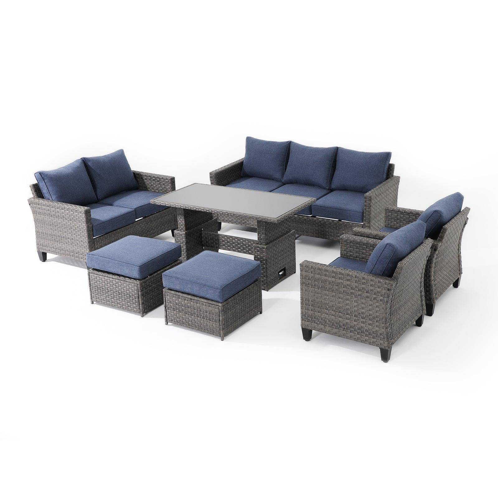 Ayia 7-Piece outdoor conversation seating Set with Rattan design, Navy Blue cushions, a 3-seater sofa, 2 armchairs, 2 ottomans, 1 loveseat, 1 lift-top outdoor dining table, left - Jardina Premium Modern Outdoor Patio Furniture Set#Color_Navy Blue #style_7-pc with Ottomans & Table