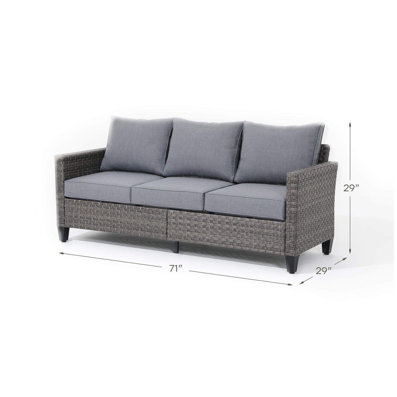 Ayia grey 3-seater sofa with rattan design, grey cushions, dimension information - Jardina Furniture #color_Grey