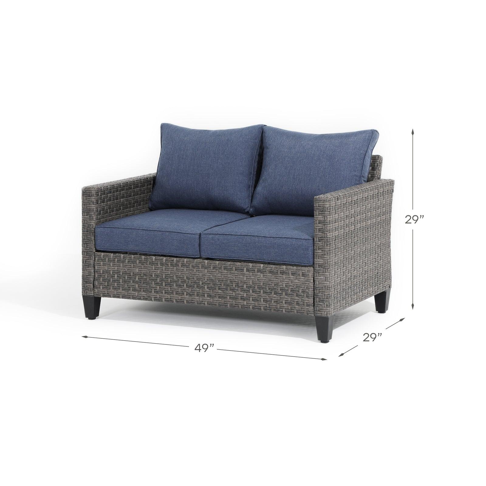 Ayia grey loveseat with rattan design, navy blue cushions, dimension information - Jardina Furniture #color_Navy blue