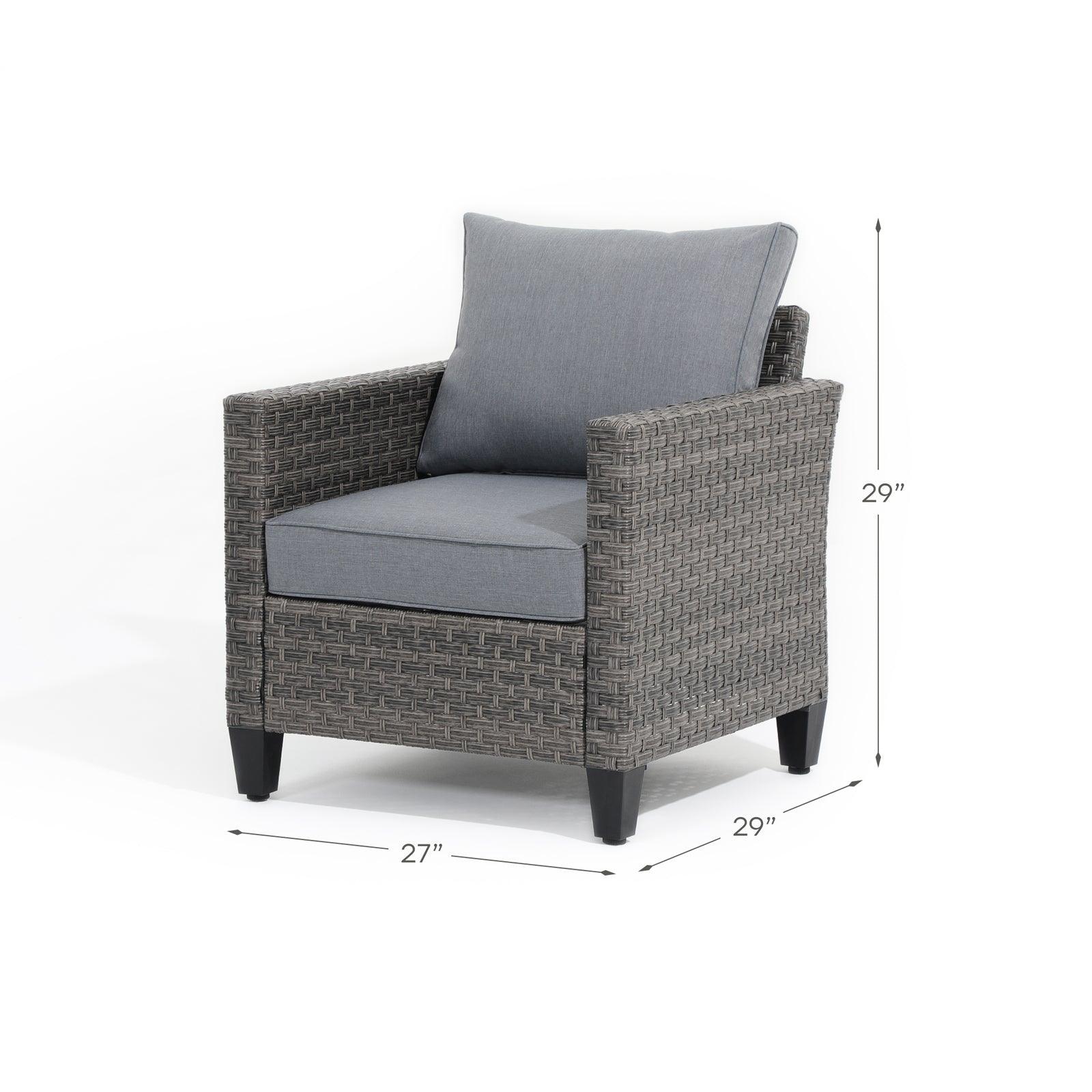 Ayia lounge chair with rattan design, grey cushions, dimension information - Jardina Furniture #color_Grey
