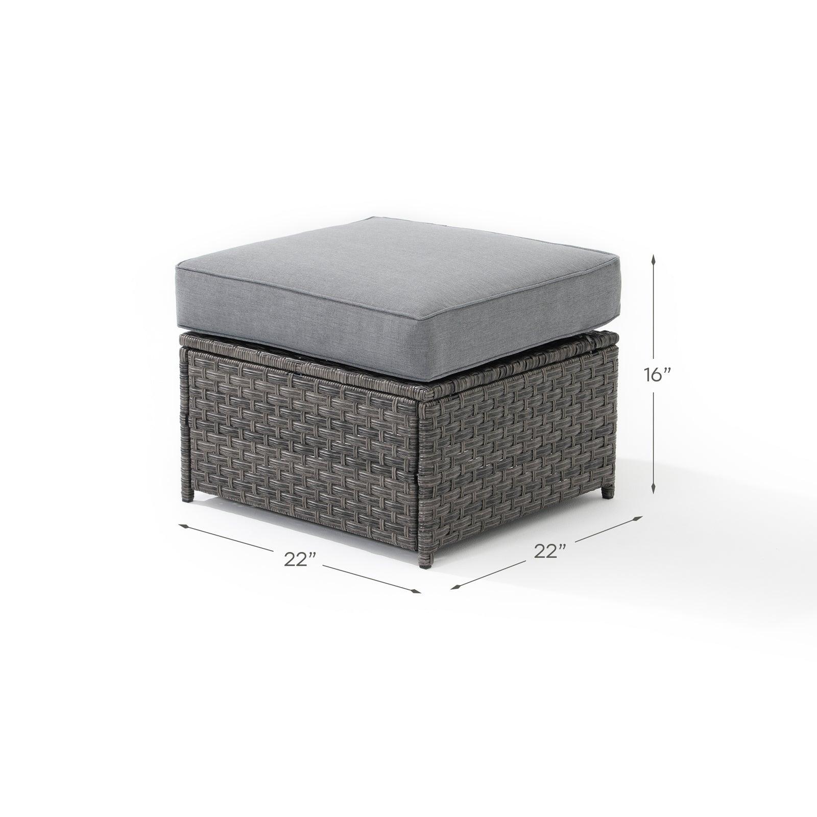 Ayia ottoman with grey rattan design, grey cushions, dimension information - Jardina Furniture #color_Grey
