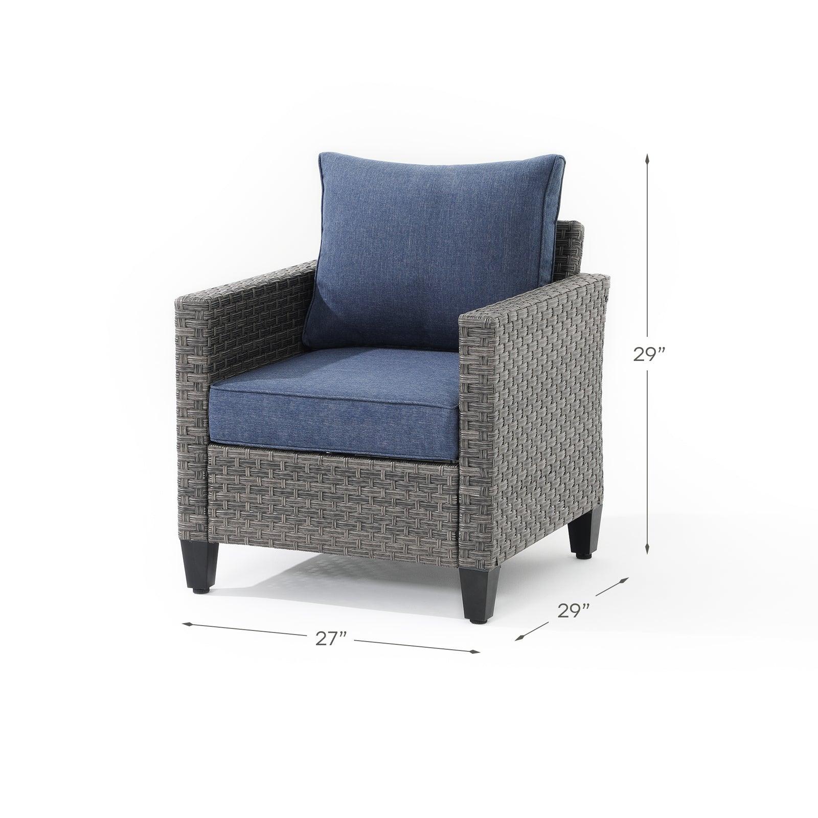 Ayia lounge chair with grey rattan design, navy blue cushions, dimension information - Jardina Furniture #color_Navy blue