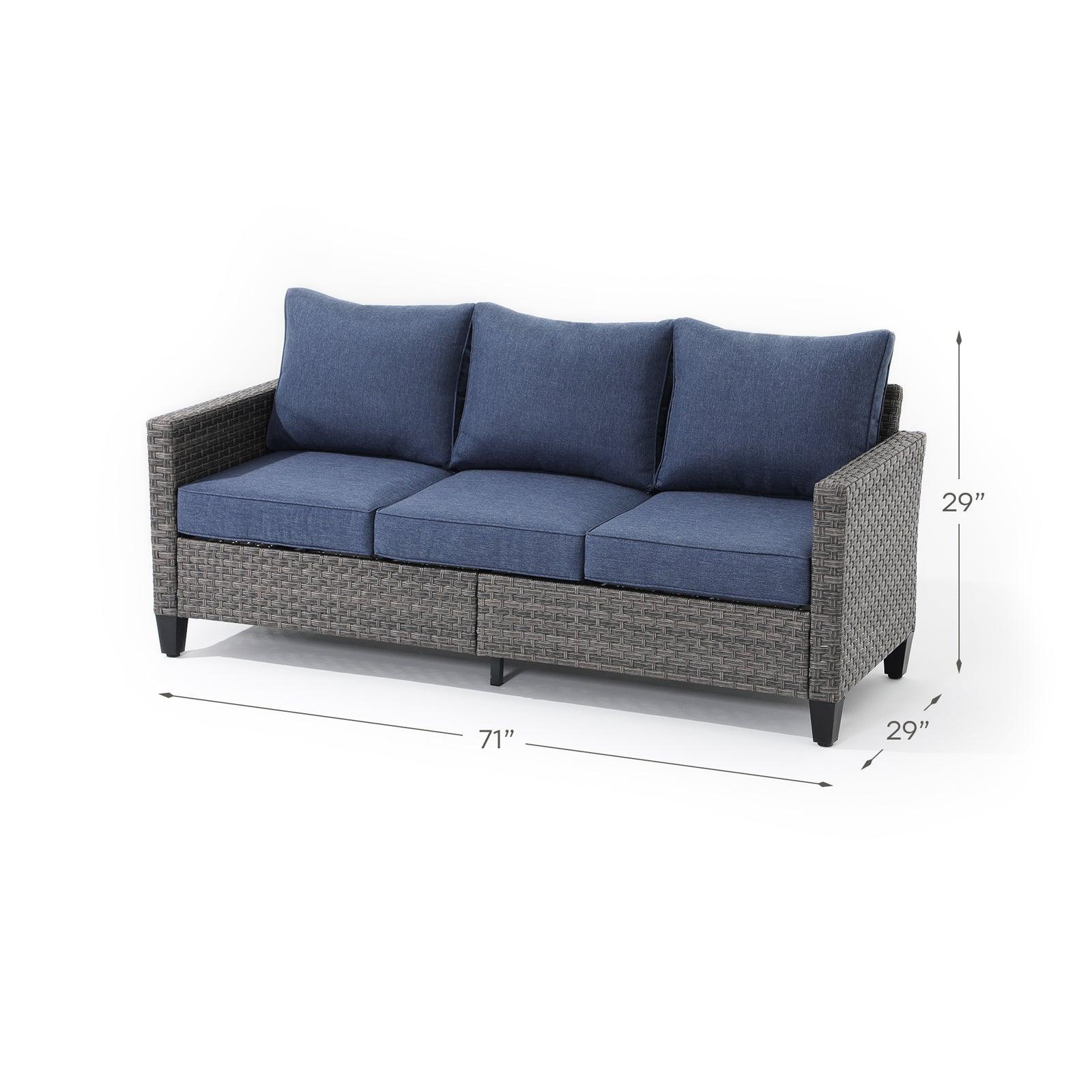 Ayia 3-seater outdoor sofa with rattan design, navy blue cushions, dimension information - Jardina Furniture #color_Navy blue