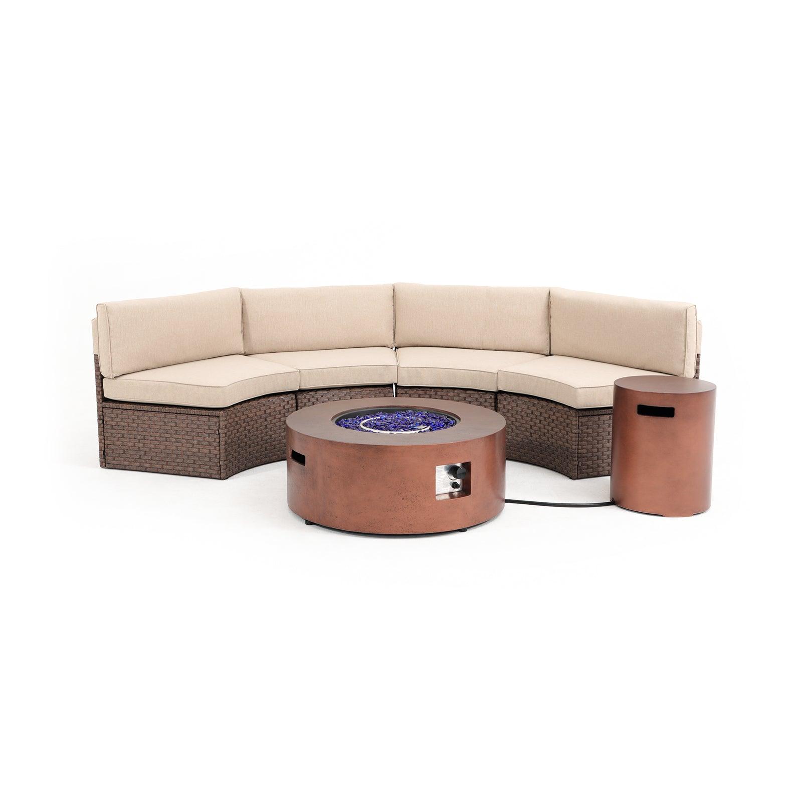 Boboli 4-seater brown Wicker Curved Sectional sofas with beige cushions + 1 brown Propane Fire Pit with tank holder, front view - Jardina Furniture#color_Brown #piece_5-pc.