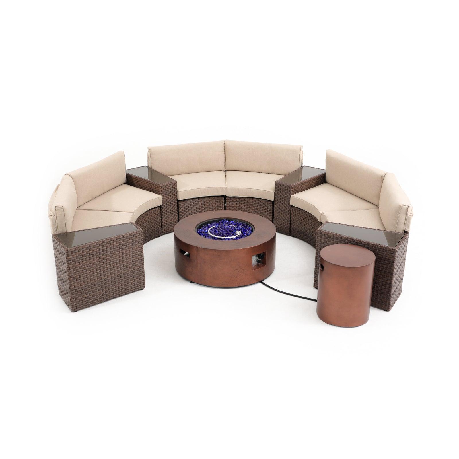 Boboli 6-seat brown Wicker Curved Sectionals with beige cushions + 4 side tables + 1 brown Propane Fire Pit with tank holder, front view - Jardina Furniture #color_Brown #piece_11-pc.