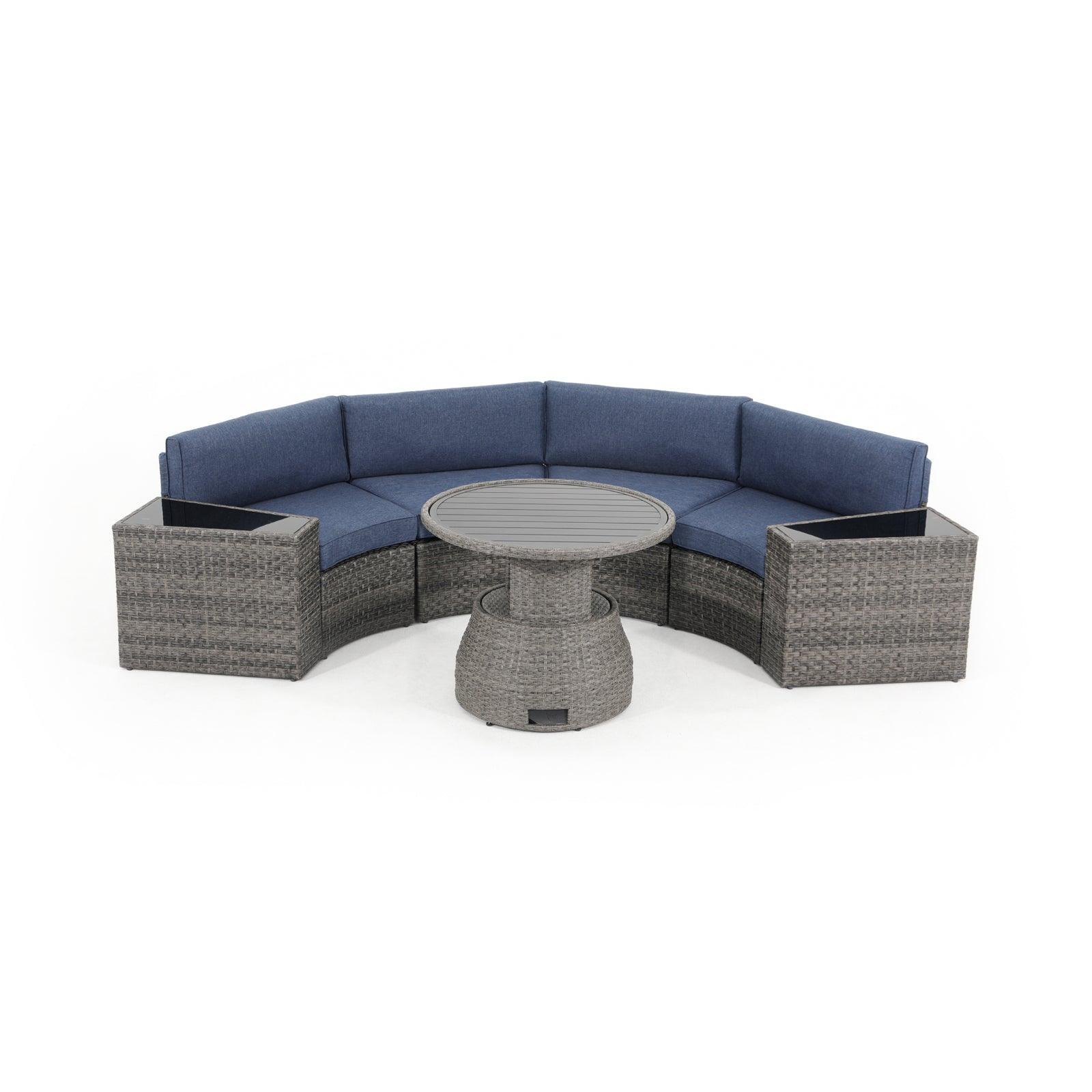 Boboli 4-seater Grey Outdoor Wicker Curved Sectional sofas with navy blue cushions + 2 wicker side tables + 1 Lift-top grey wicker round table, front view - Jardina Furniture#color_Navy Blue #piece_7-pc.