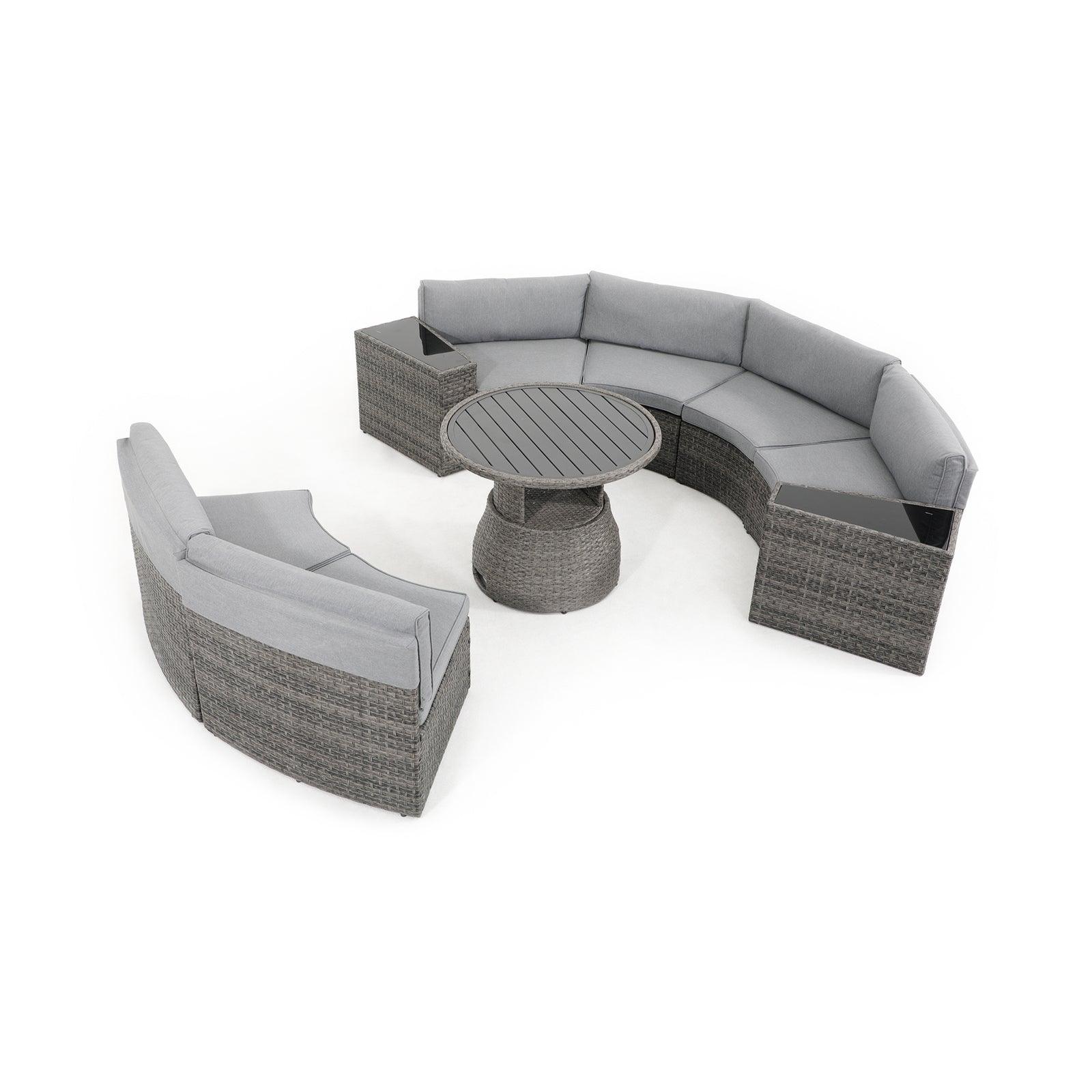 Boboli 4-seater Grey Outdoor Wicker Curved Sectional sofas with grey cushions + 2 wicker side tables + 2 pieces sectional sofa opposite + 1 Lift-top round table - Jardina Furniture#color_Grey #piece_9-pc.