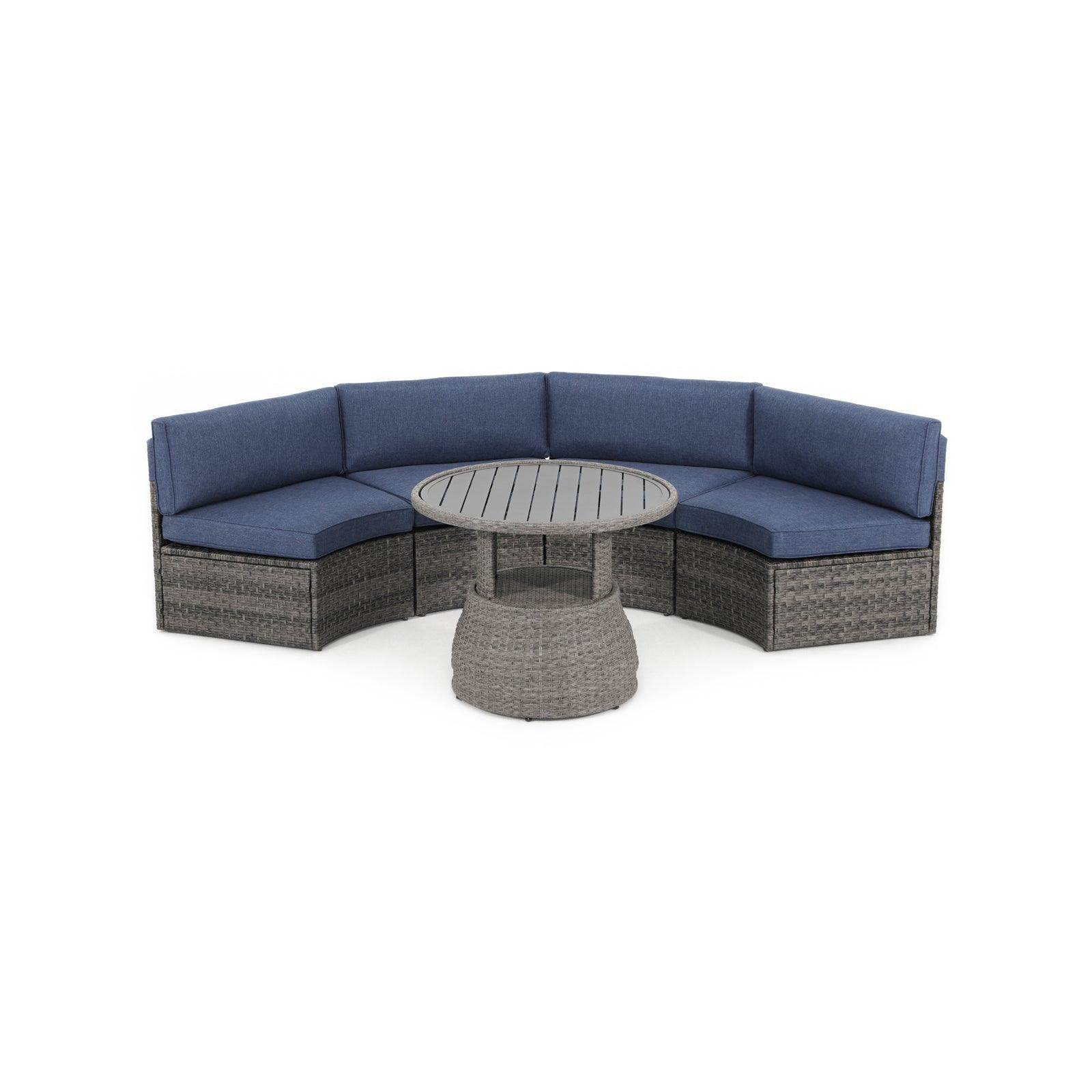 Boboli 4-seater Grey Outdoor Wicker Curved Sectional sofas with navy blue cushions + 1 Lift-top grey wicker round table - Jardina Furniture#color_Navy Blue#piece_5-pc.