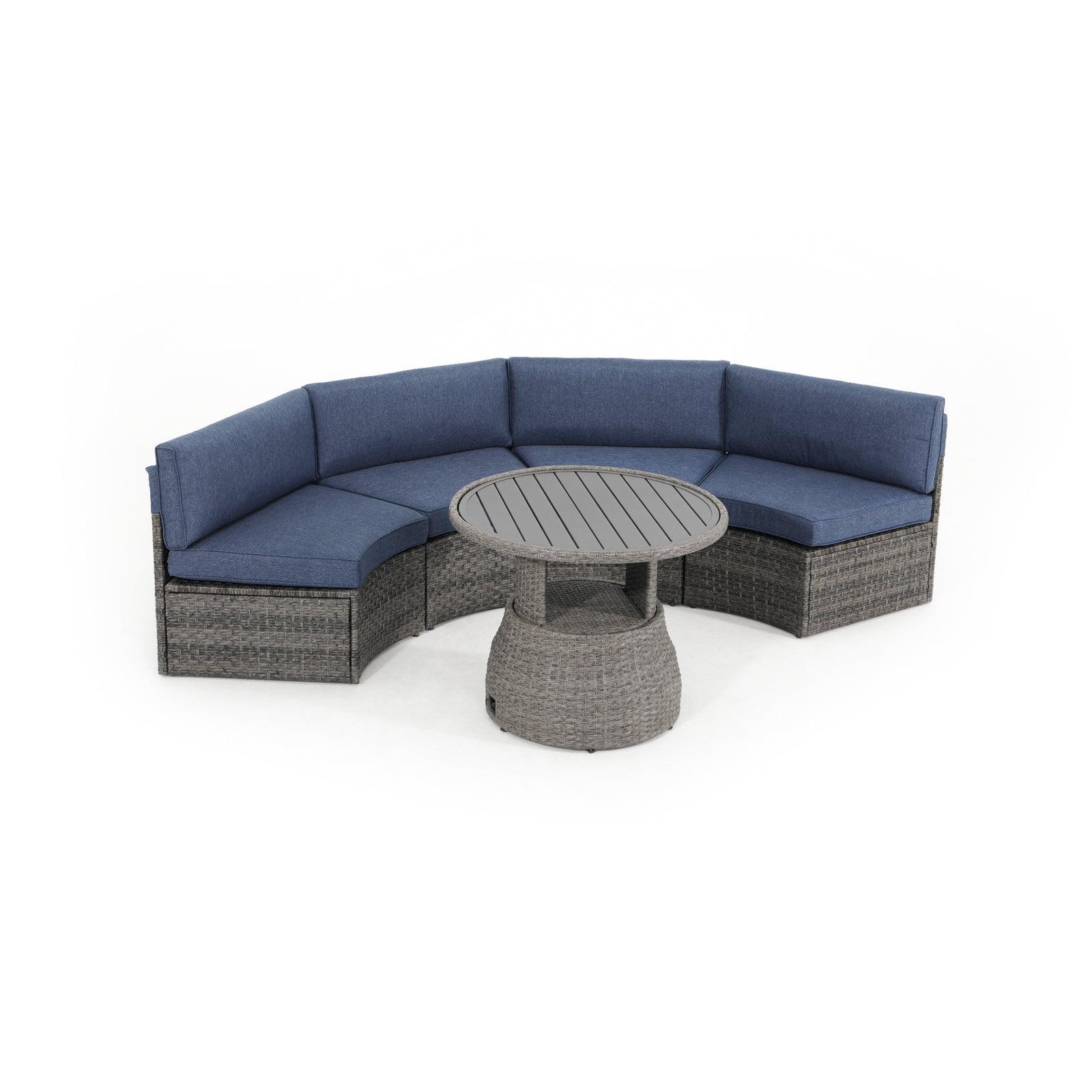 Boboli 4-seater Grey Outdoor Wicker Curved Sectional sofas with navy blue cushions + 1 Lift-top grey wicker round table, left angle view - Jardina Furniture#color_Navy Blue