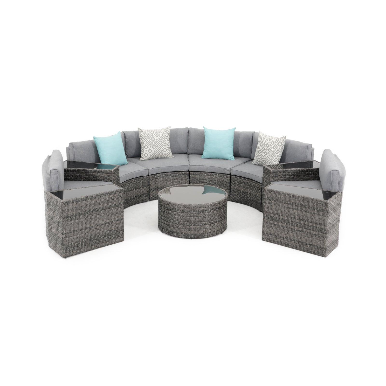 Boboli Modern Wicker Outdoor Furniture, 11-piece Grey Wicker Curved Sectional Set with grey cushions, 1 Round Glass Table, 4 side tables, 6 sectional sofas, front- Jardina Furniture