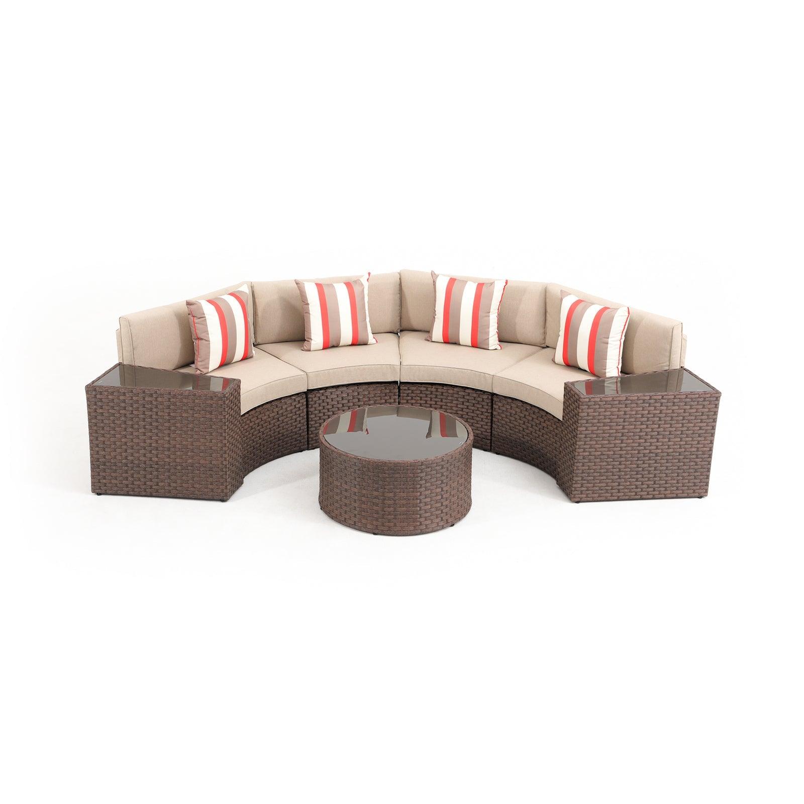 Boboli 7-piece Brown Wicker Curved Sectional Set with beige cushions, 1 Round Glass Coffee Table + 2 glass top side tables + 4 sectional sofas, front - Jardina Furniture #color_Brown #piece_7-pc.