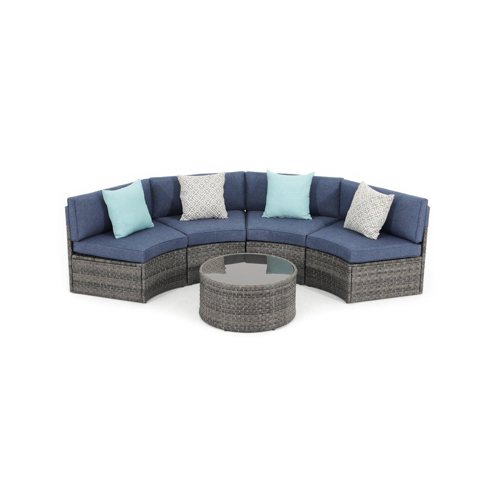Boboli 5-piece Grey Wicker Curved Sectional Set with navy blue cushions, 1 Round Glass Table + 4 sectional sofas, front- Jardina Furniture #color_Navy Blue #piece_5-pc.